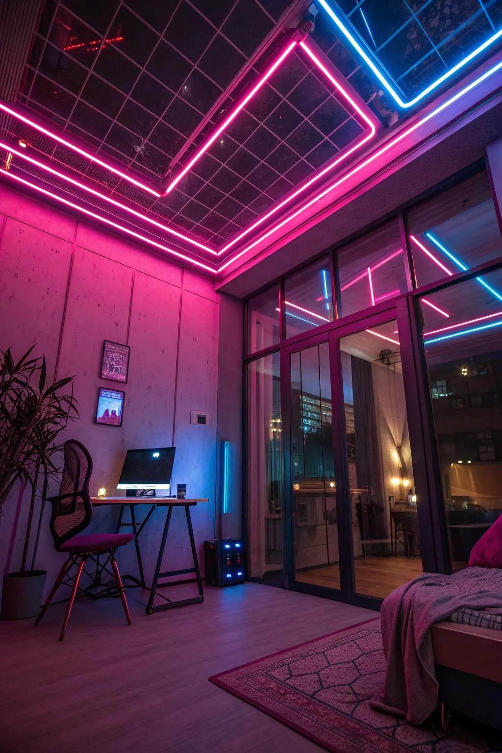 Neon lights transform any space into a vibrant, futuristic haven. #NeonVibes #HomeGlow