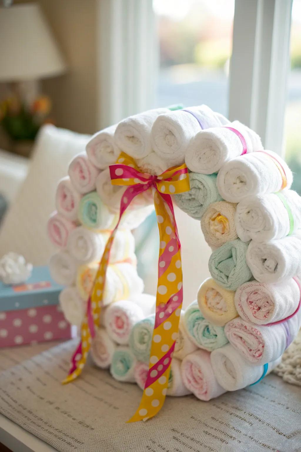 Keep it classic with rolled diapers and ribbons for a timeless baby shower gift.