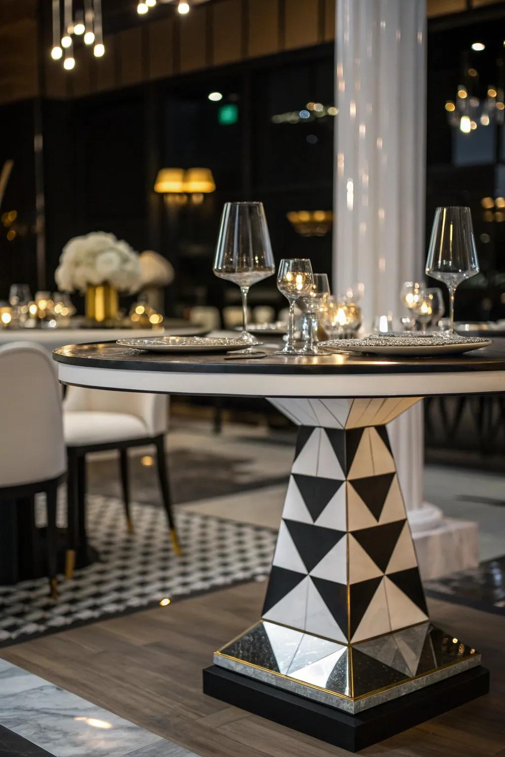 Embrace modernity with a geometric base that adds an artistic flair to your dining space.