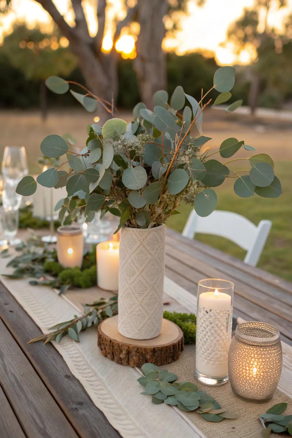 Elevate your dining experience with a stunning eucalyptus centerpiece.