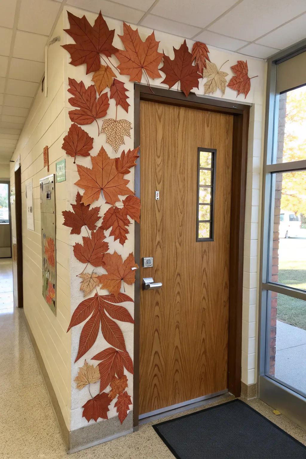 A burst of autumn colors welcomes students with this leaf-covered door. #FallVibes #ClassroomDecor 🍁