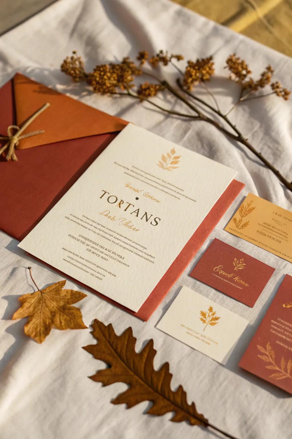 Warm earthy tones create an inviting atmosphere for fall wedding invitations.