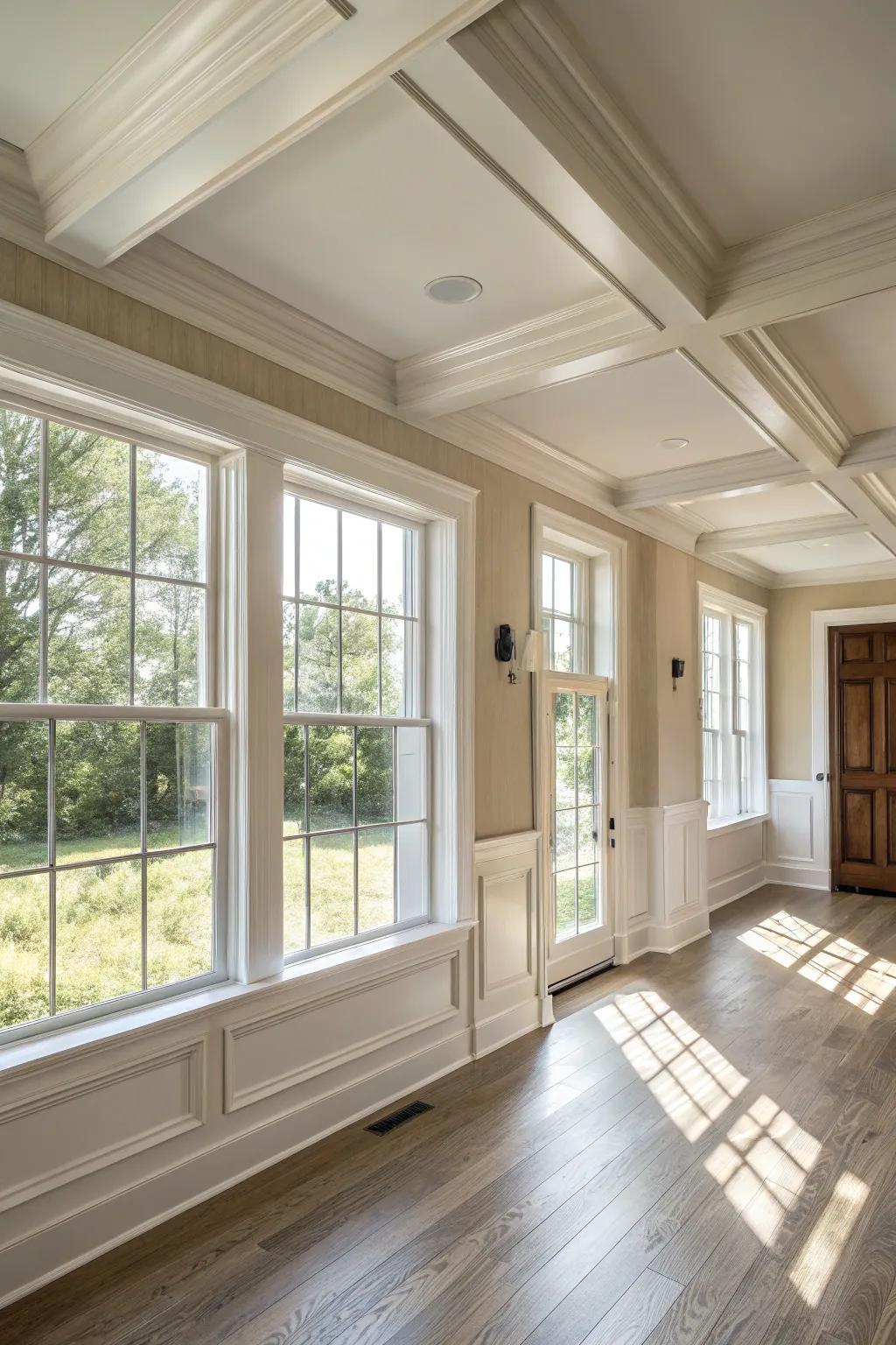 Clean lines in crown molding create a fresh and airy atmosphere, perfect for modern farmhouse decor.