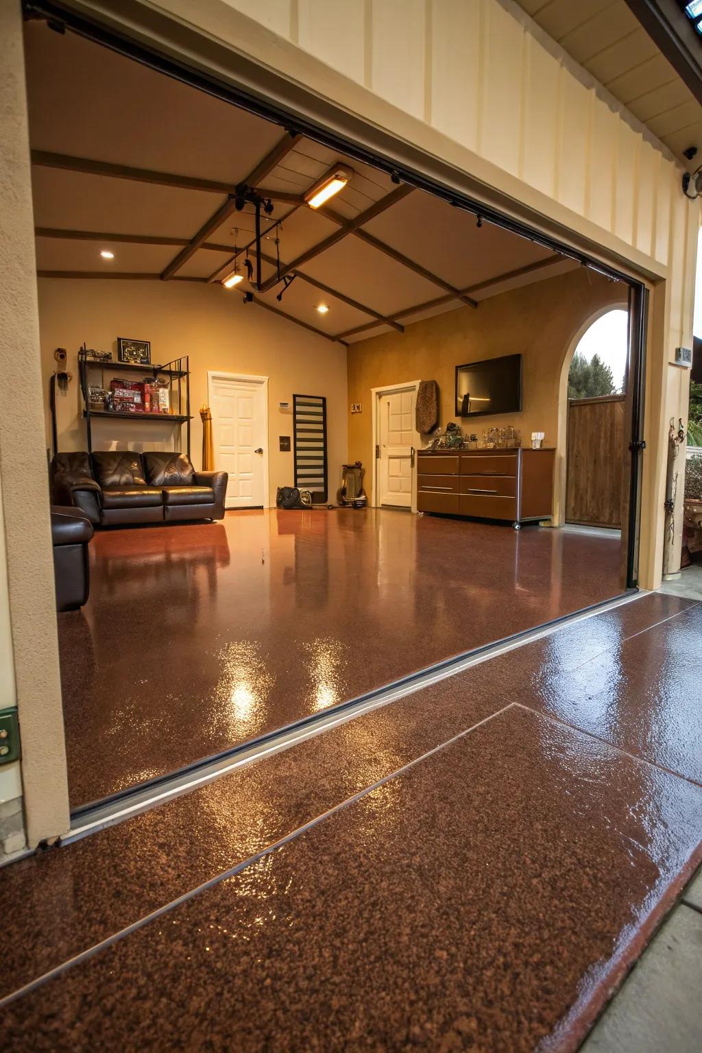 Give your garage a polished upgrade with sleek epoxy flooring for a professional finish. #GarageMakeover #EpoxyFlooring