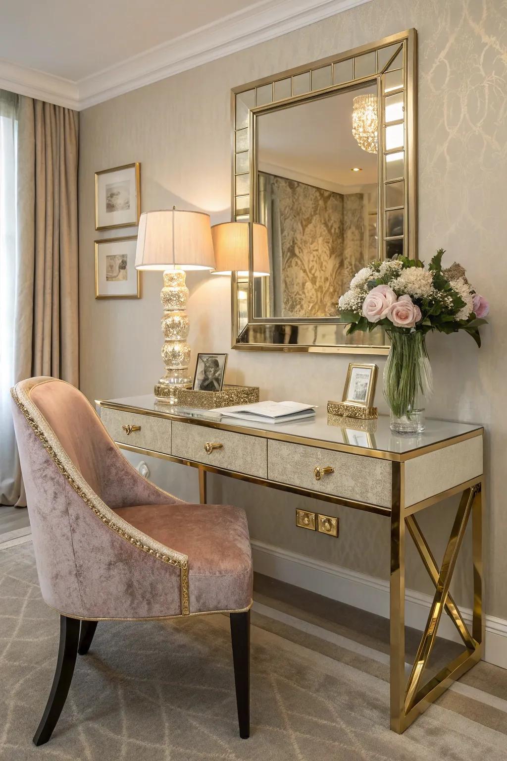 A mirrored desk not only brightens up your space but also adds a luxurious touch to your home office.