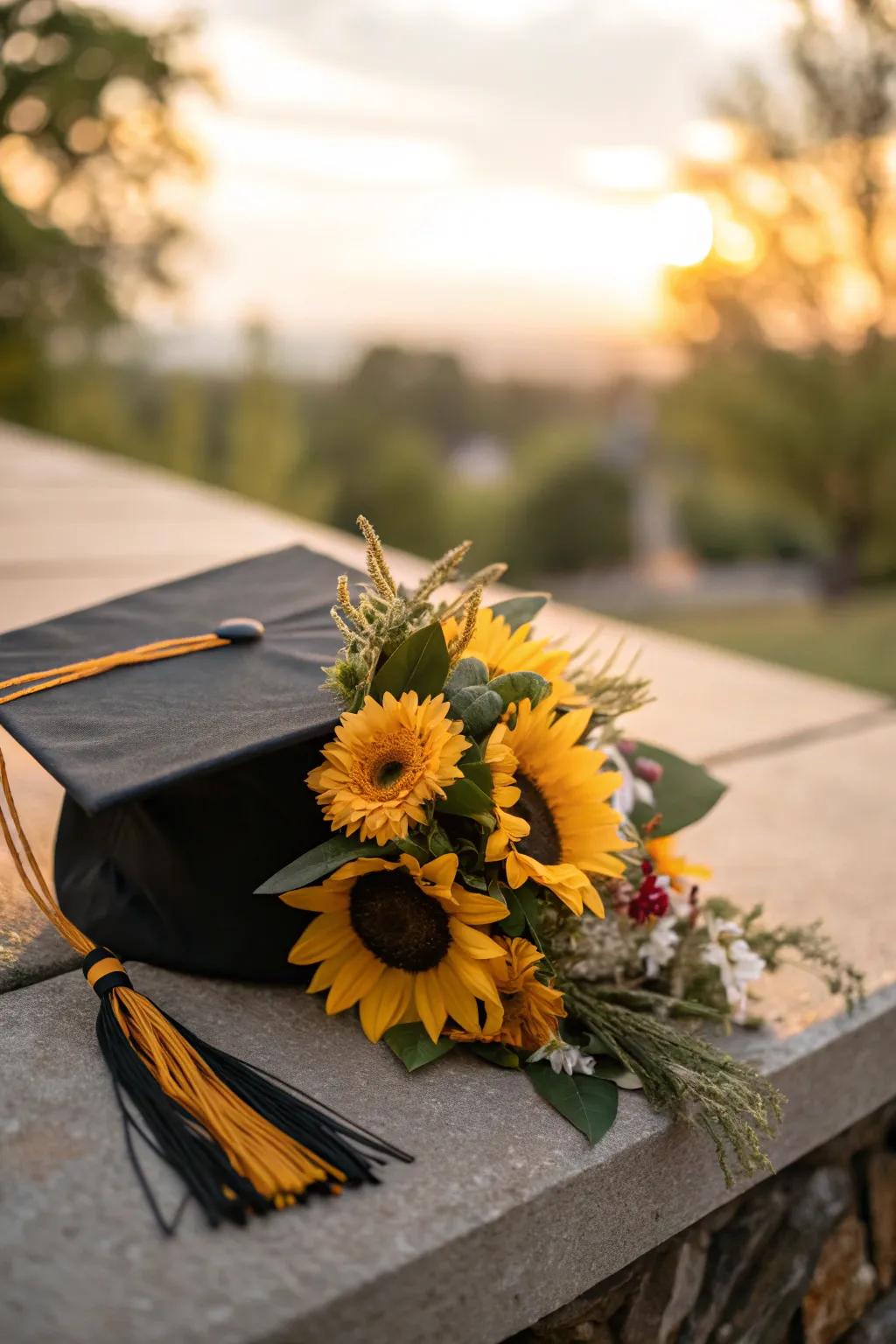 Let the sun shine on your big day with a cap decked in radiant sunflowers. #SunflowerLove #GradStyle