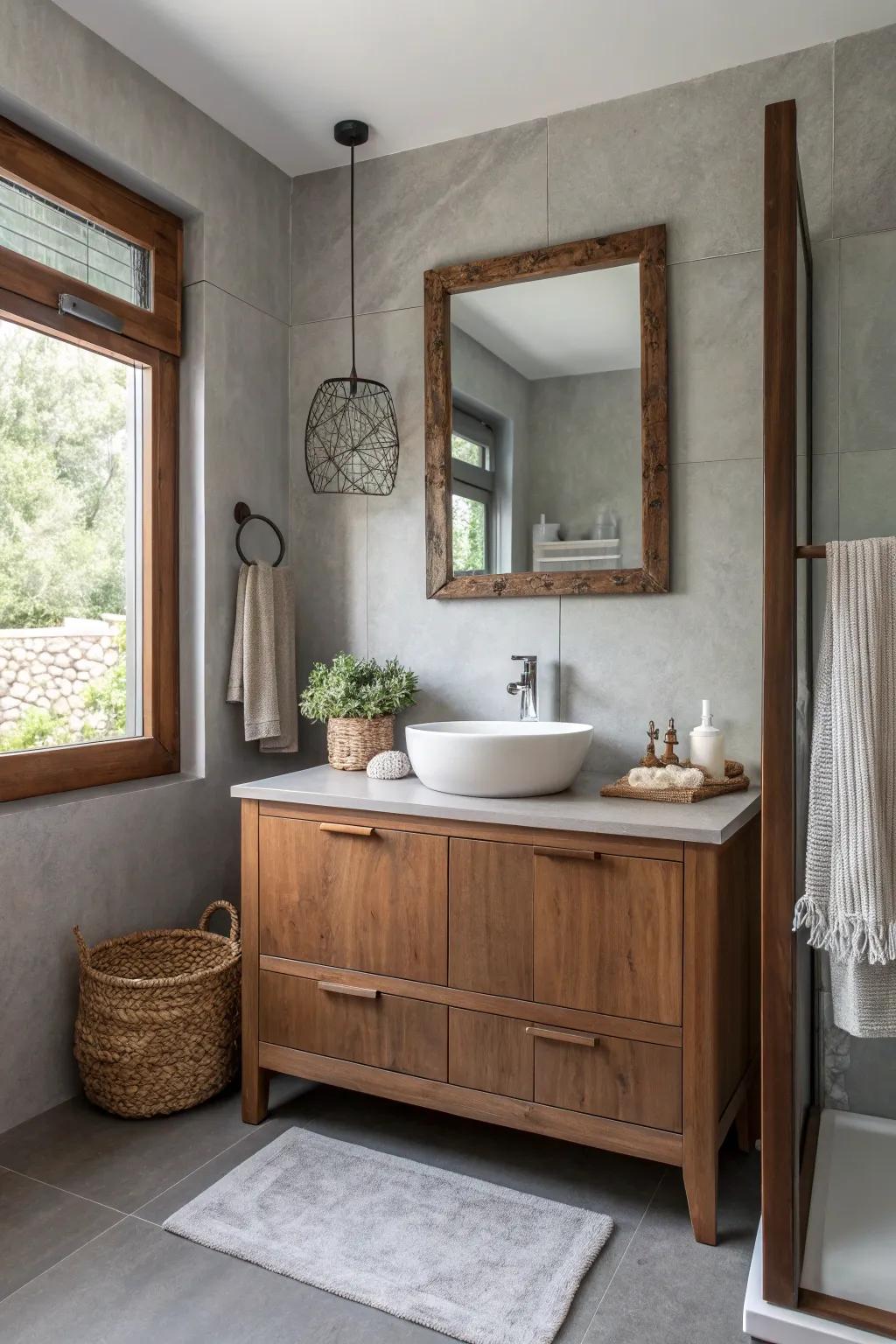 Elevate your bathroom aesthetics with a walnut vanity paired with calming grey walls.