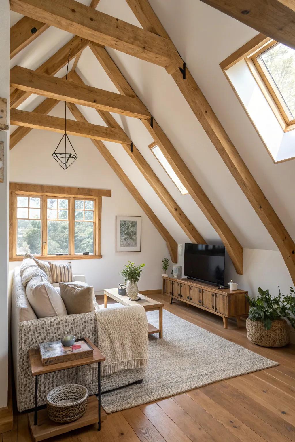 Bring rustic warmth to your home with exposed wooden beams that create a cozy, welcoming atmosphere.