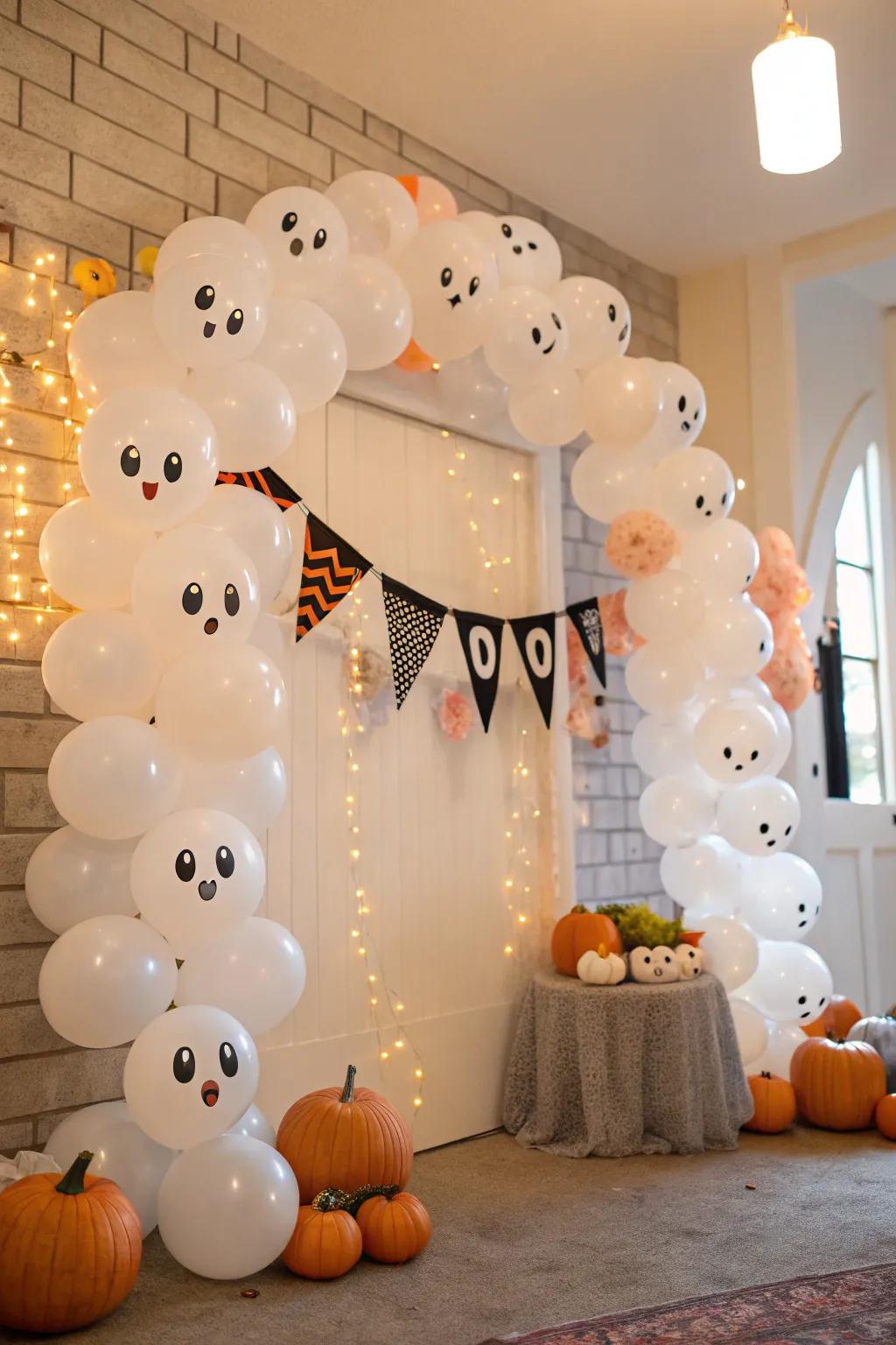 Enter if you dare! A ghostly balloon arch sets the stage for a fun and festive baby shower.