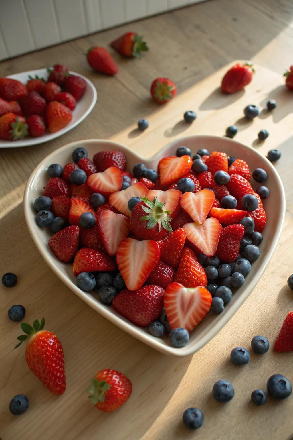 A classic berry heart platter that pairs vibrant strawberries with juicy blueberries.