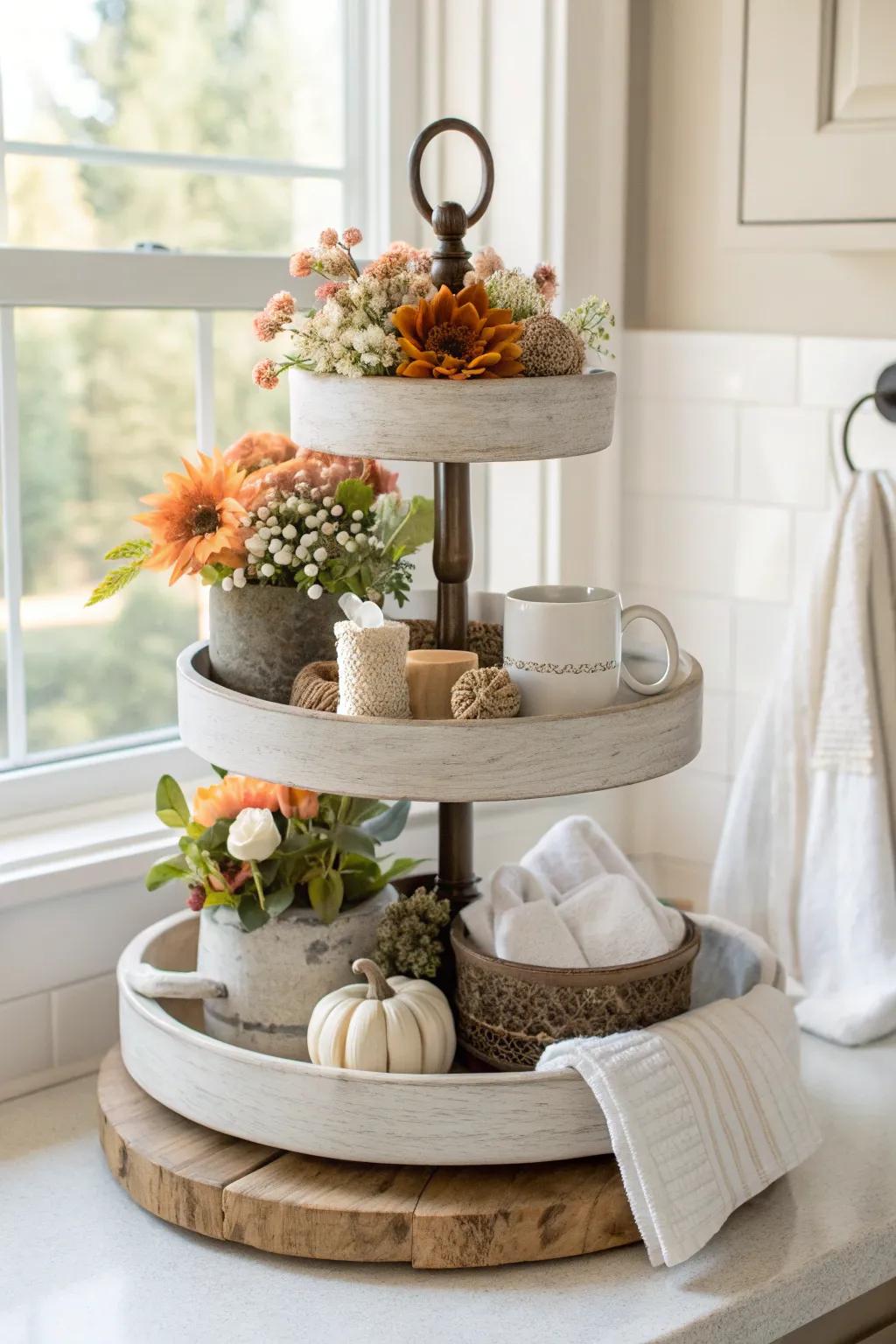 Embrace the seasons with a tiered tray that blooms with vibrant spring colors.