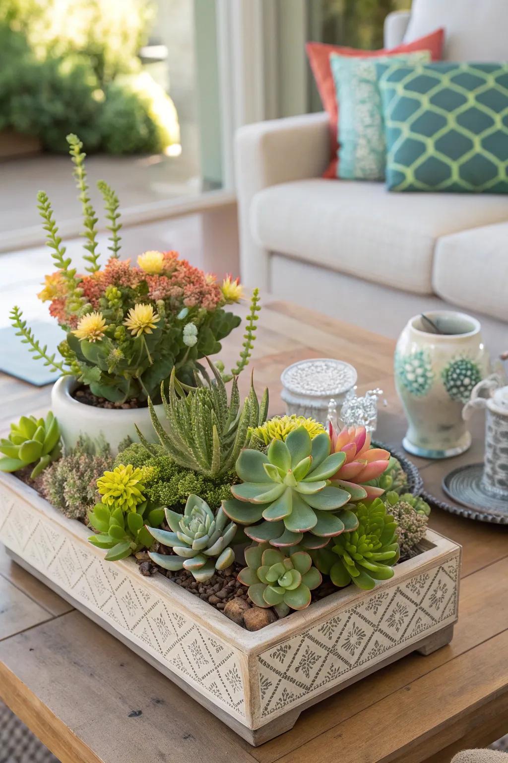 Infuse your space with nature by adding lush greenery to your coffee table.