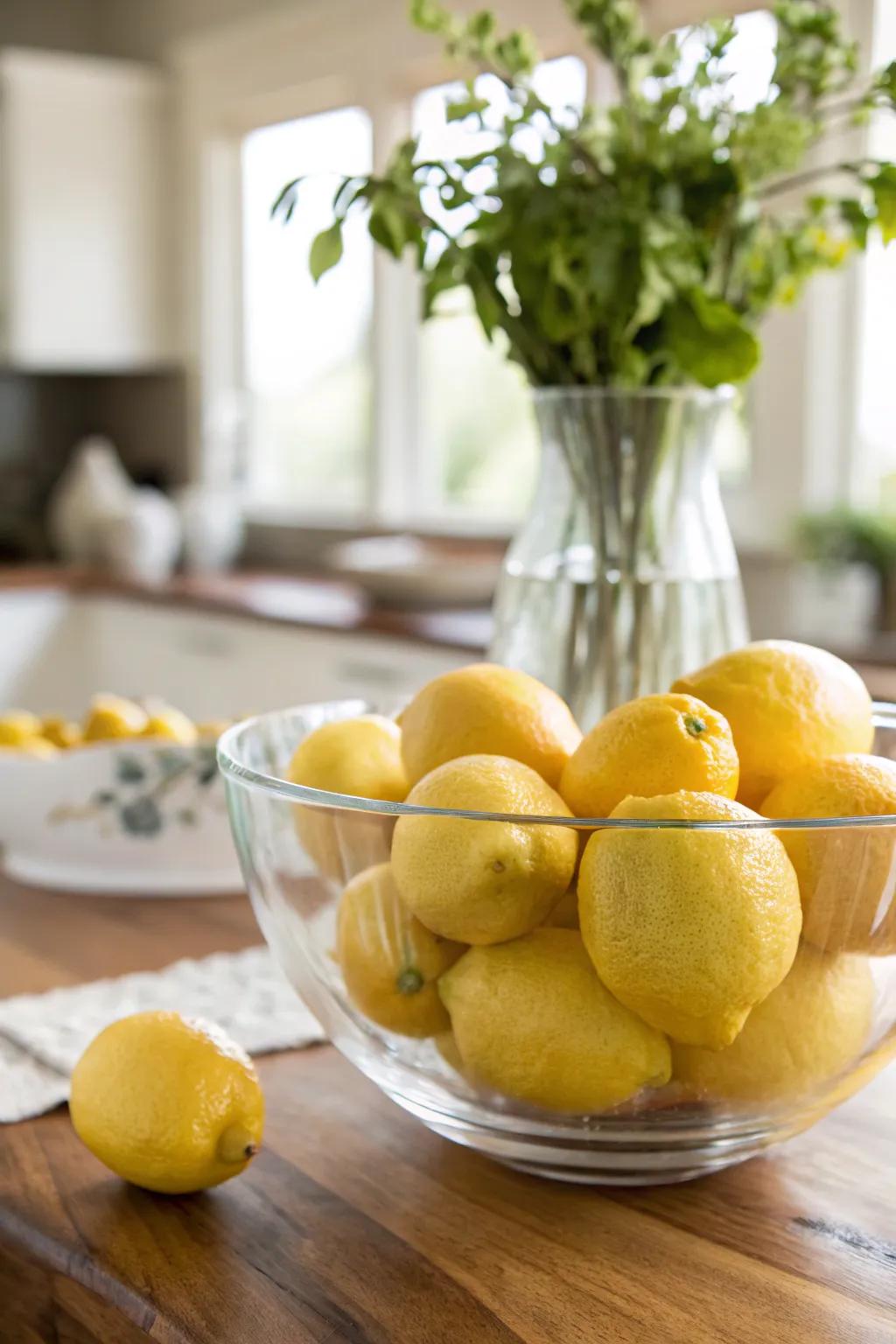 A simple glass bowl filled with sunny lemons brings effortless elegance to any kitchen space.