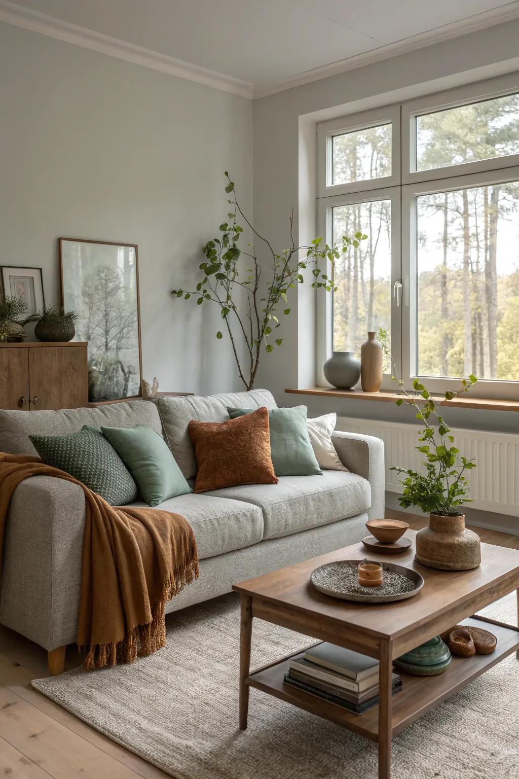 Embrace the warmth and comfort of earth tones paired with gray for a serene living space.