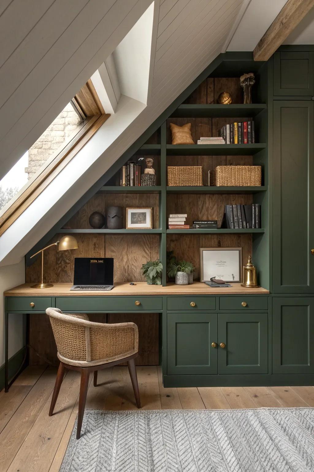 Turn sloped ceilings into a design asset with custom storage solutions that maximize space.