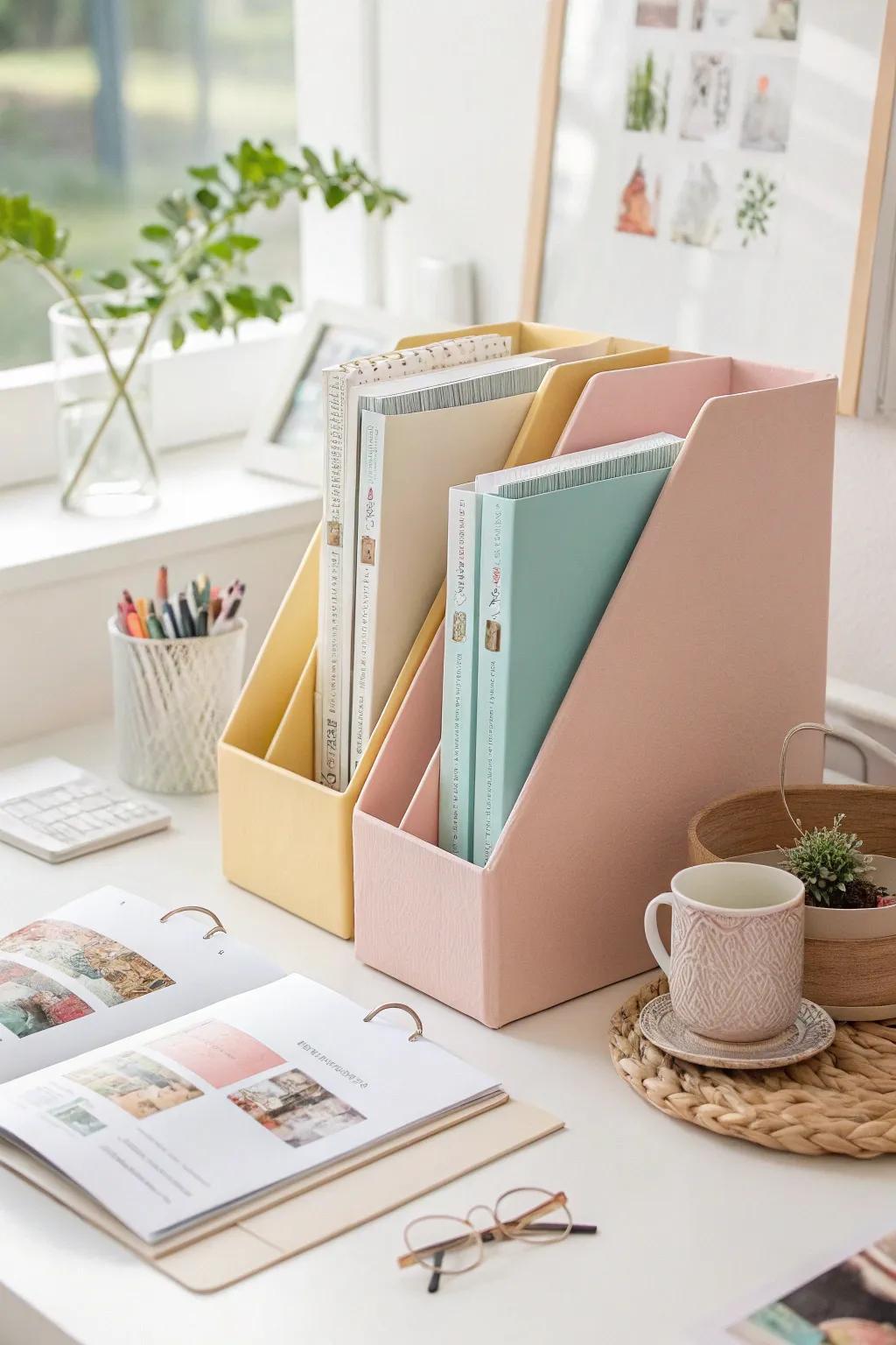 Keep your magazines organized and stylish with vibrant vertical holders that add a pop of color.