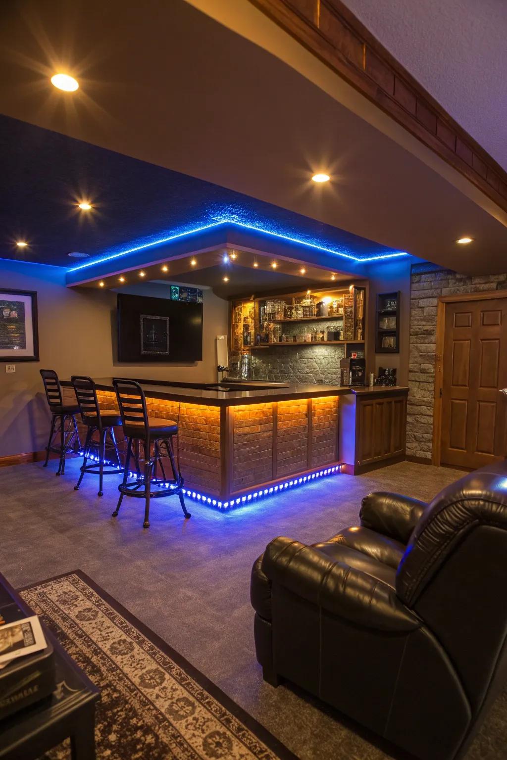 Illuminate your bar area with LED strips for a vibrant and inviting vibe. #LightingDesign #HomeDecor
