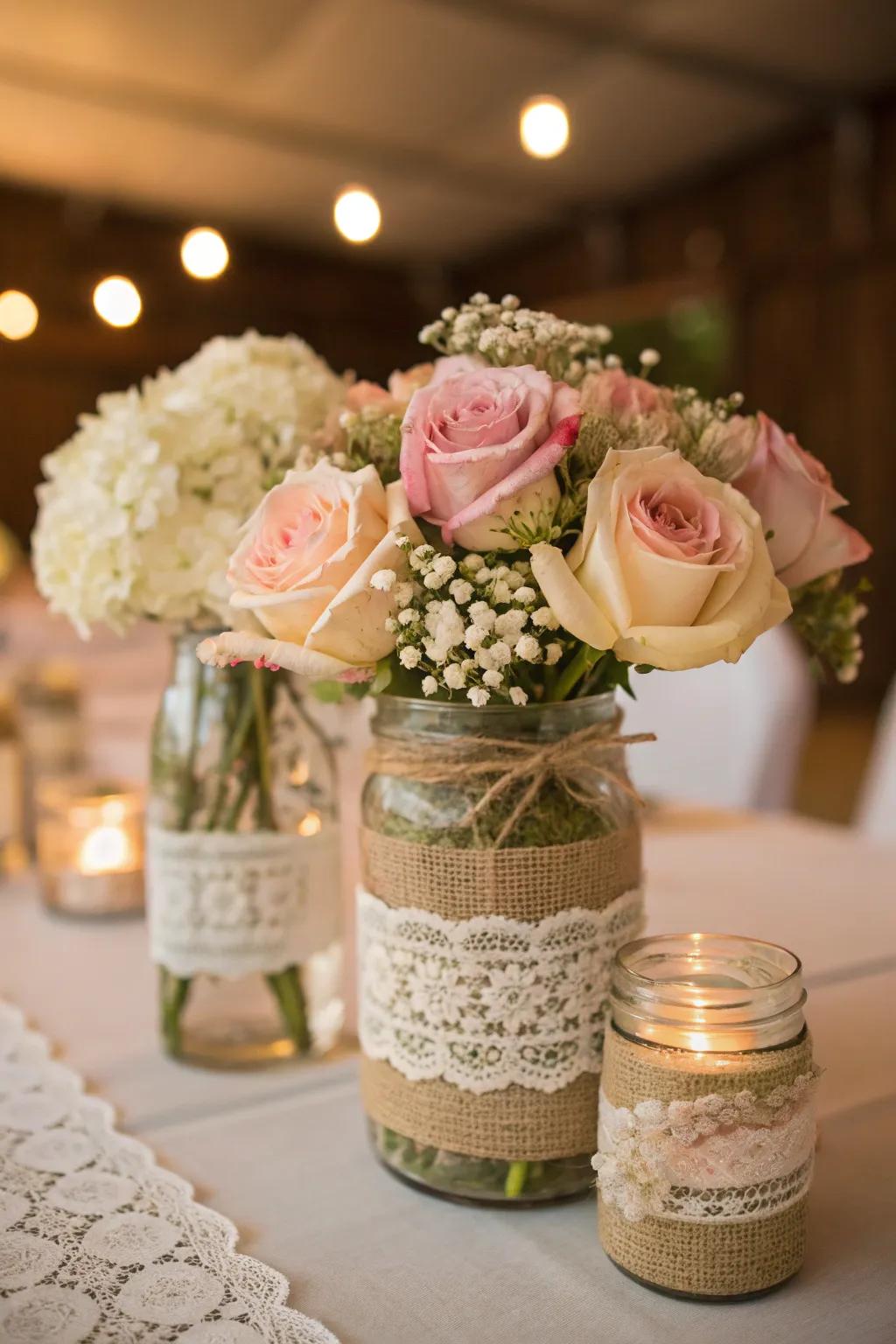 Create breathtaking floral centerpieces with mason jars, perfect for adding a rustic touch to your wedding tables.
