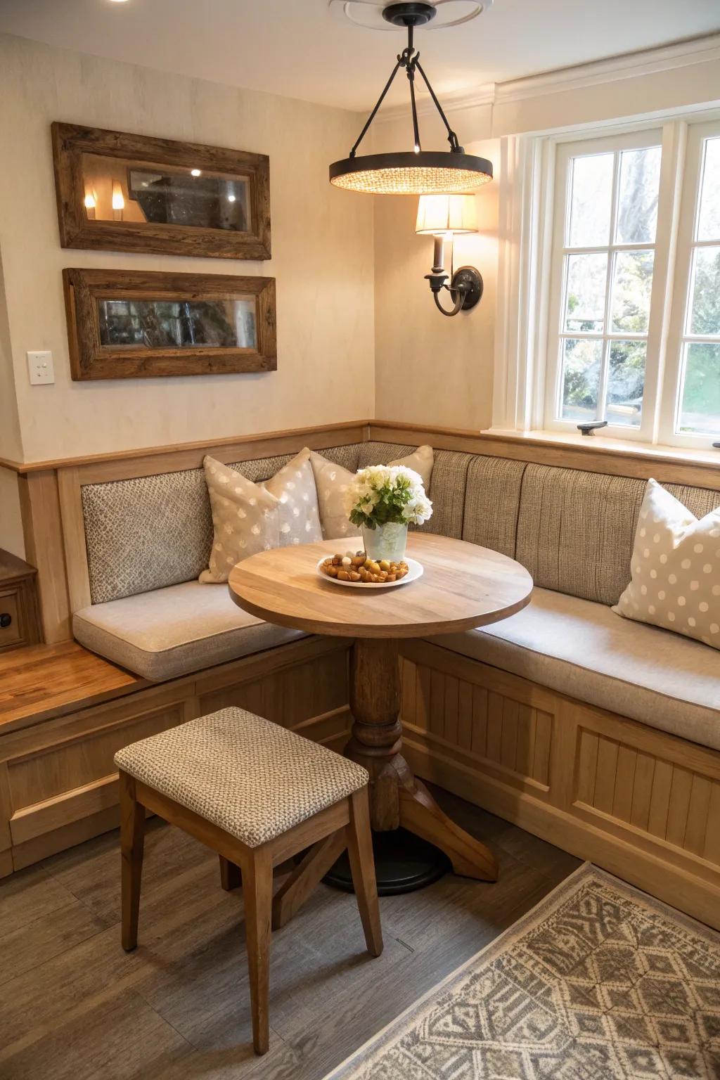 Maximize your dining nook with a built-in corner banquette that's both charming and functional.