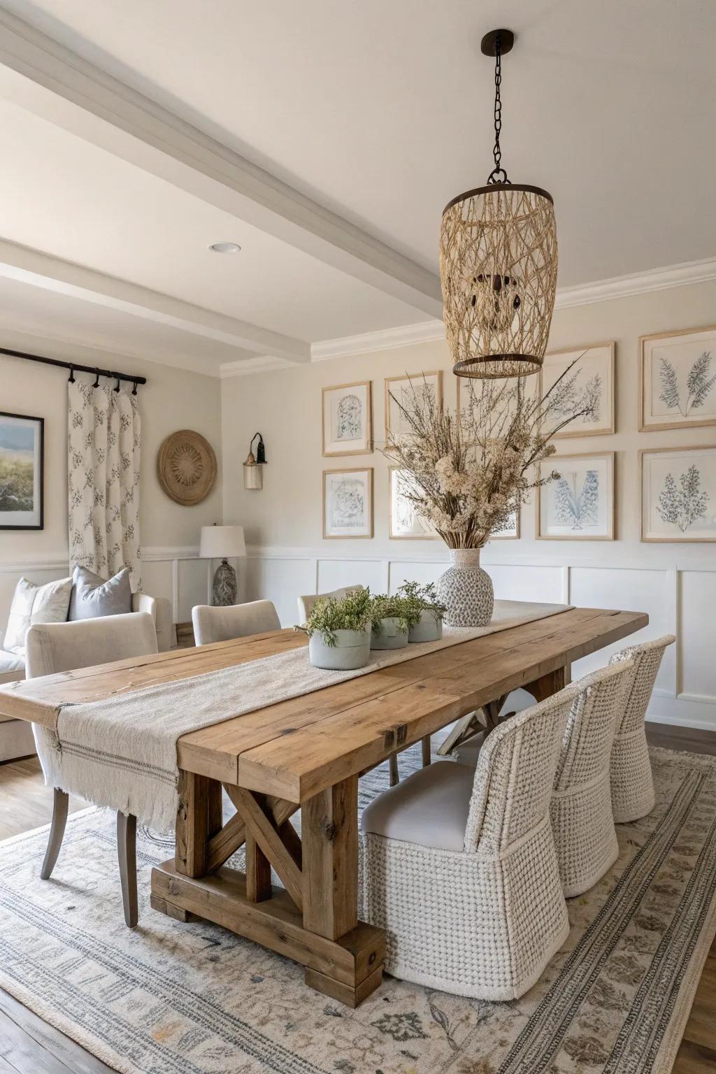 Embrace tranquility with a neutral color palette that sets the stage for farmhouse elegance.