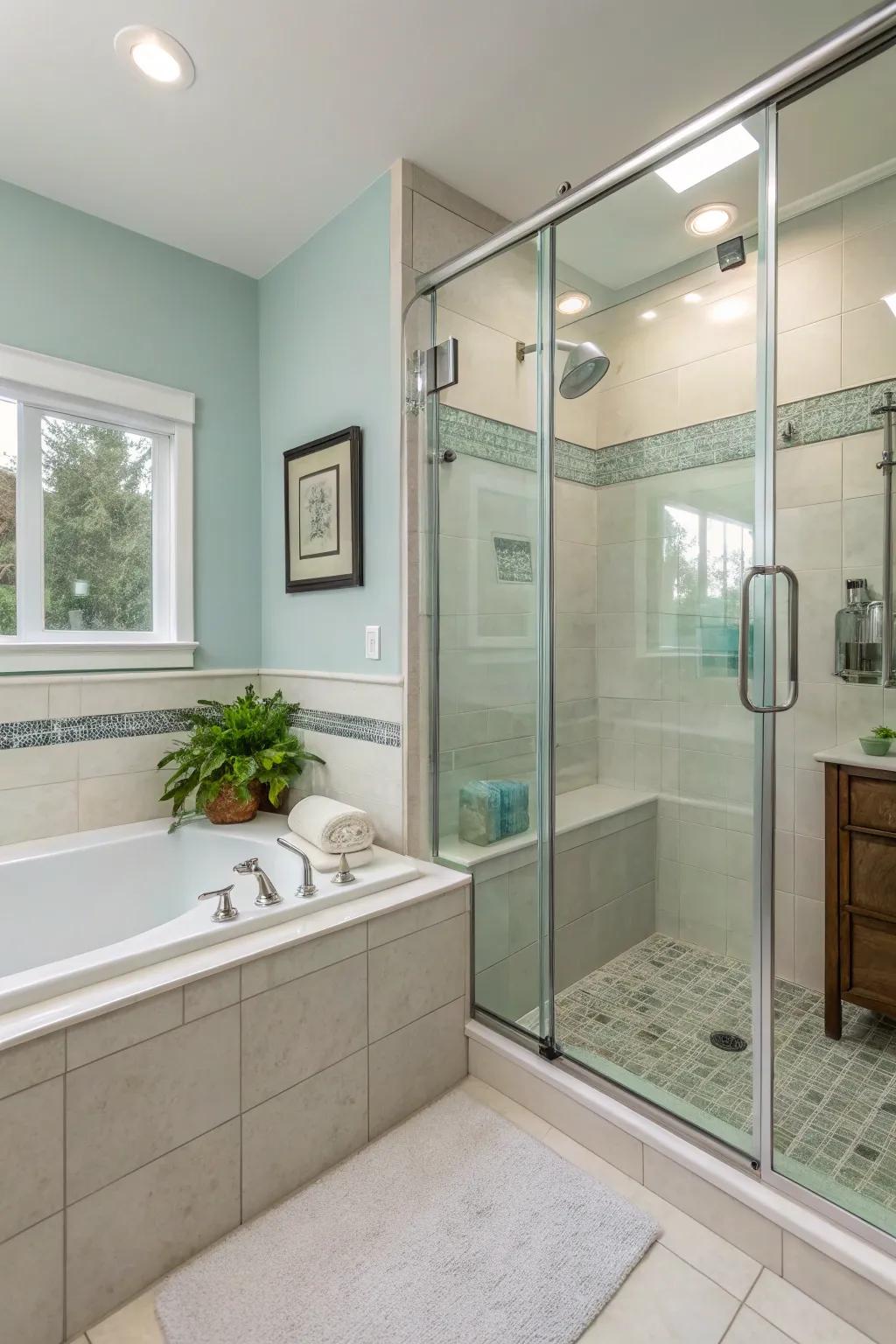 Open up your bathroom space with sleek glass enclosures for a seamless and airy feel.