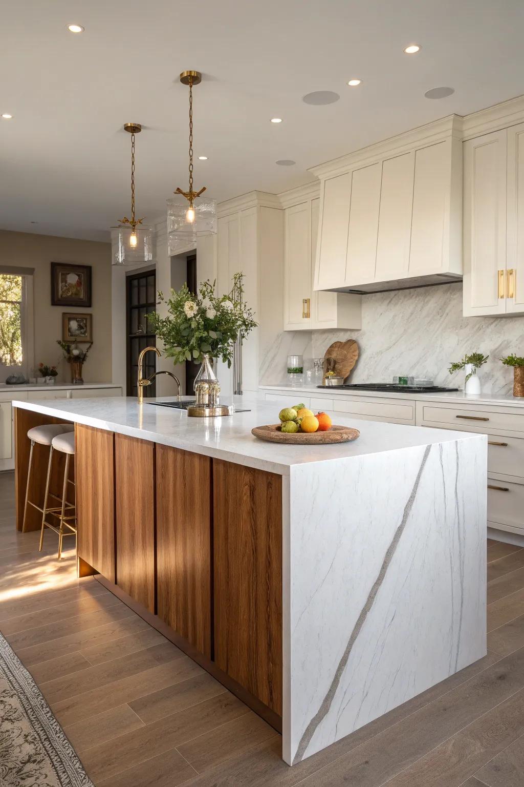 Transform your kitchen with a stunning waterfall island centerpiece. #KitchenDesign #InteriorInspiration #ModernLiving