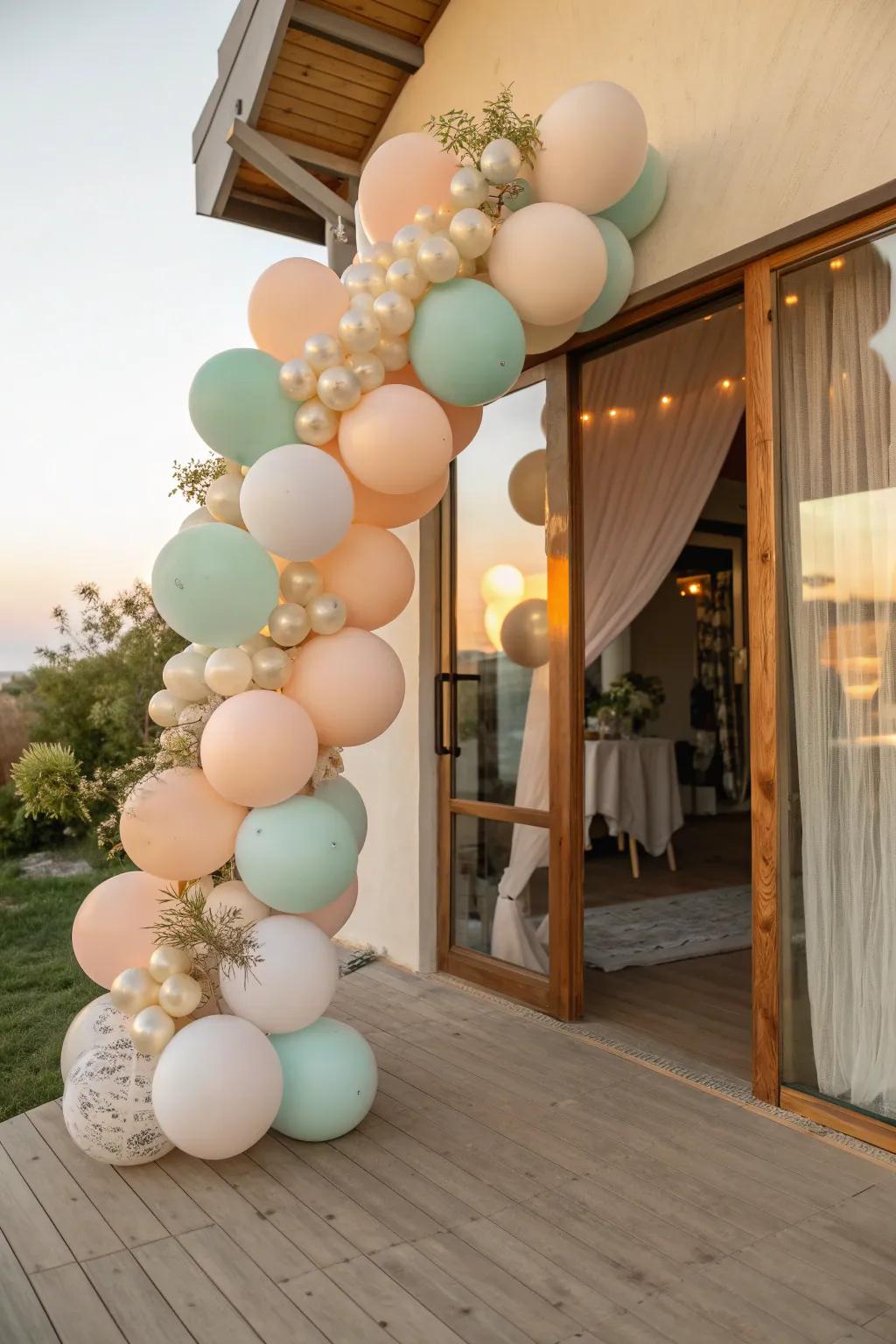 Welcome guests with a stunning pastel balloon arch that adds a whimsical touch. #BalloonDecor #BabyShowerIdeas 🎈