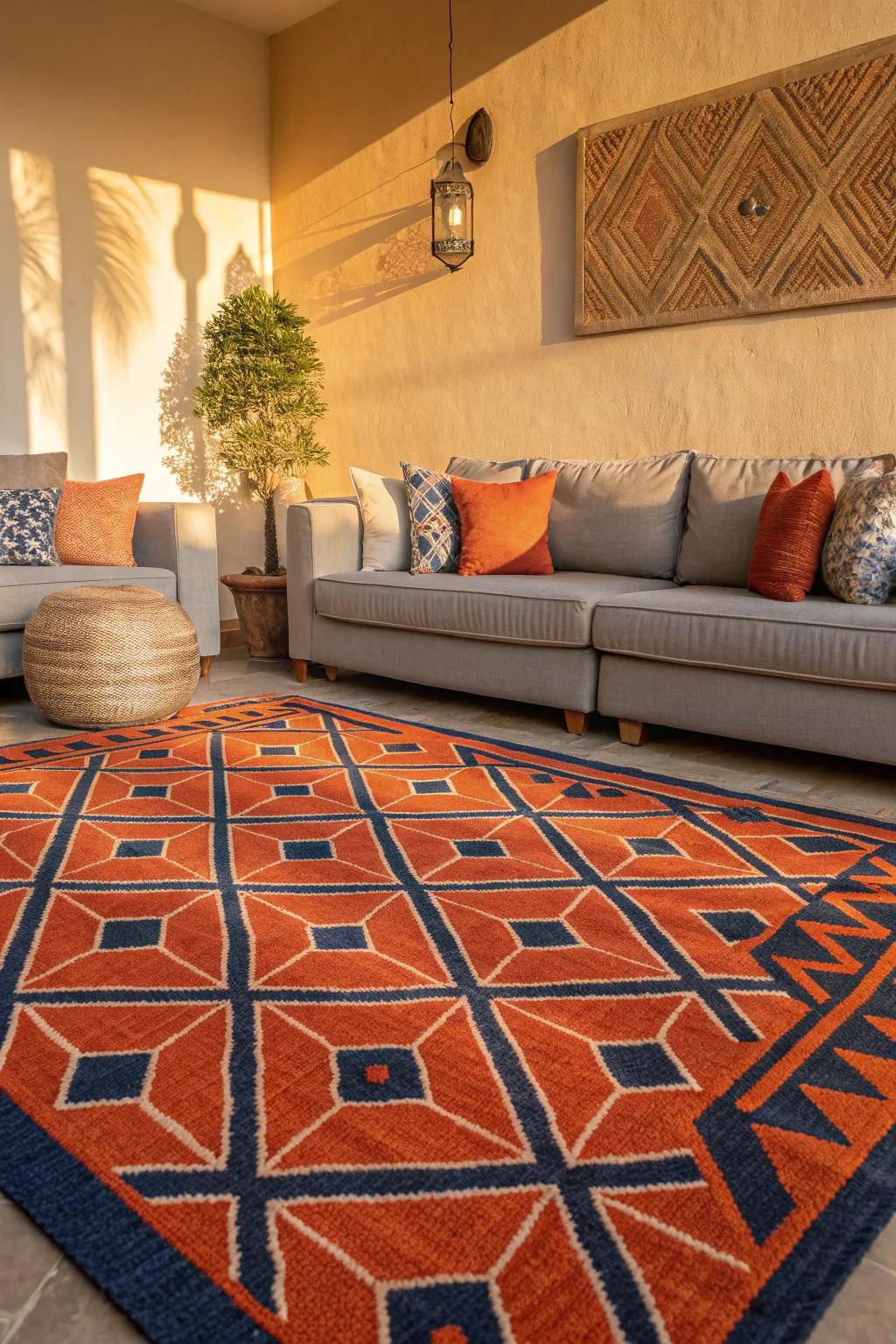 Dive into a world of patterns with orange and blue for a lively living room experience.