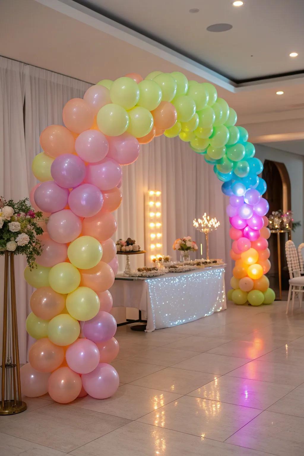 Elevate your decor with a stunning balloon arch that combines neon and metallic elements for a fresh, modern look.