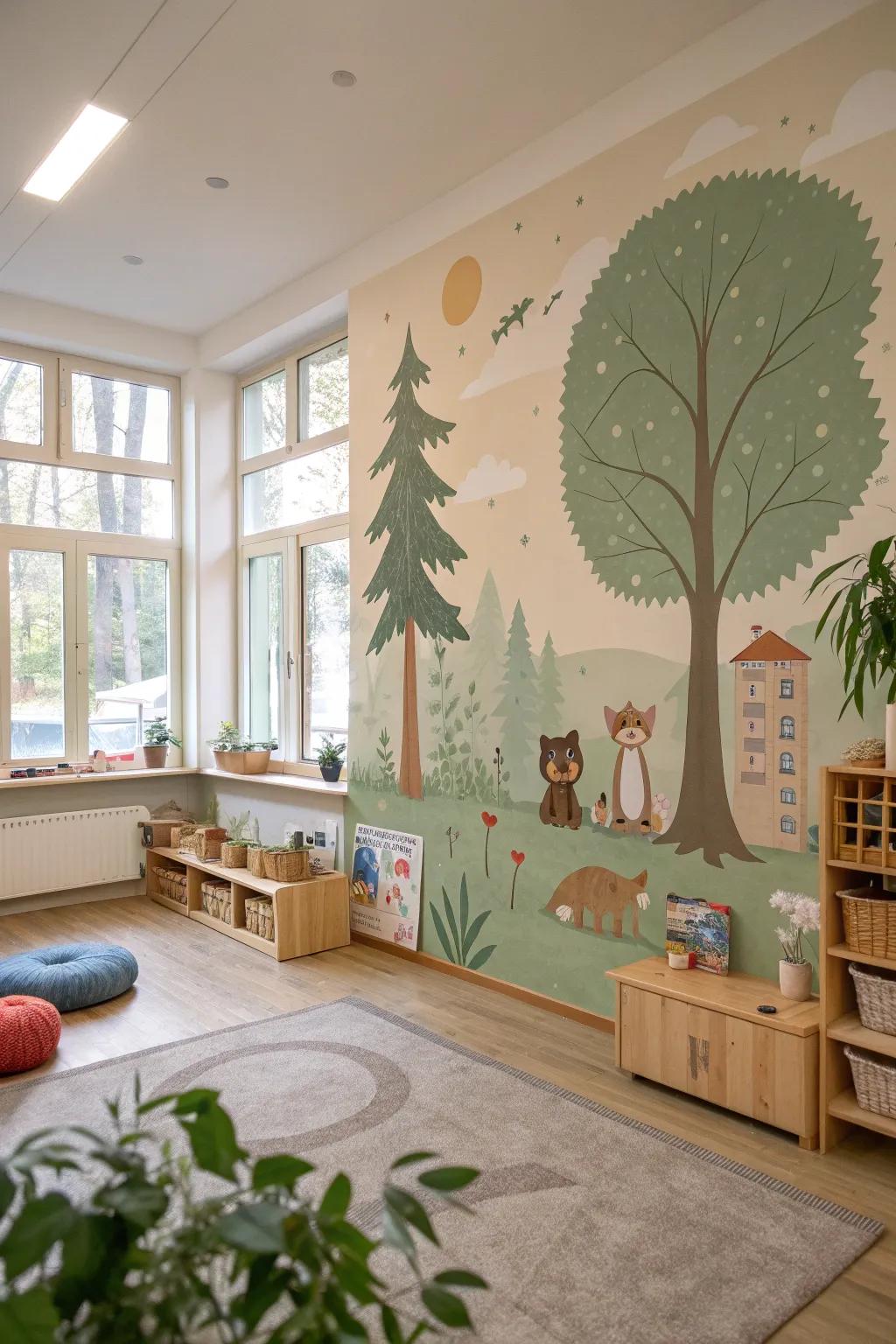Create a serene learning environment with a nature-inspired mural. 🌿 #PreschoolDecor #NatureInspired #ClassroomDesign
