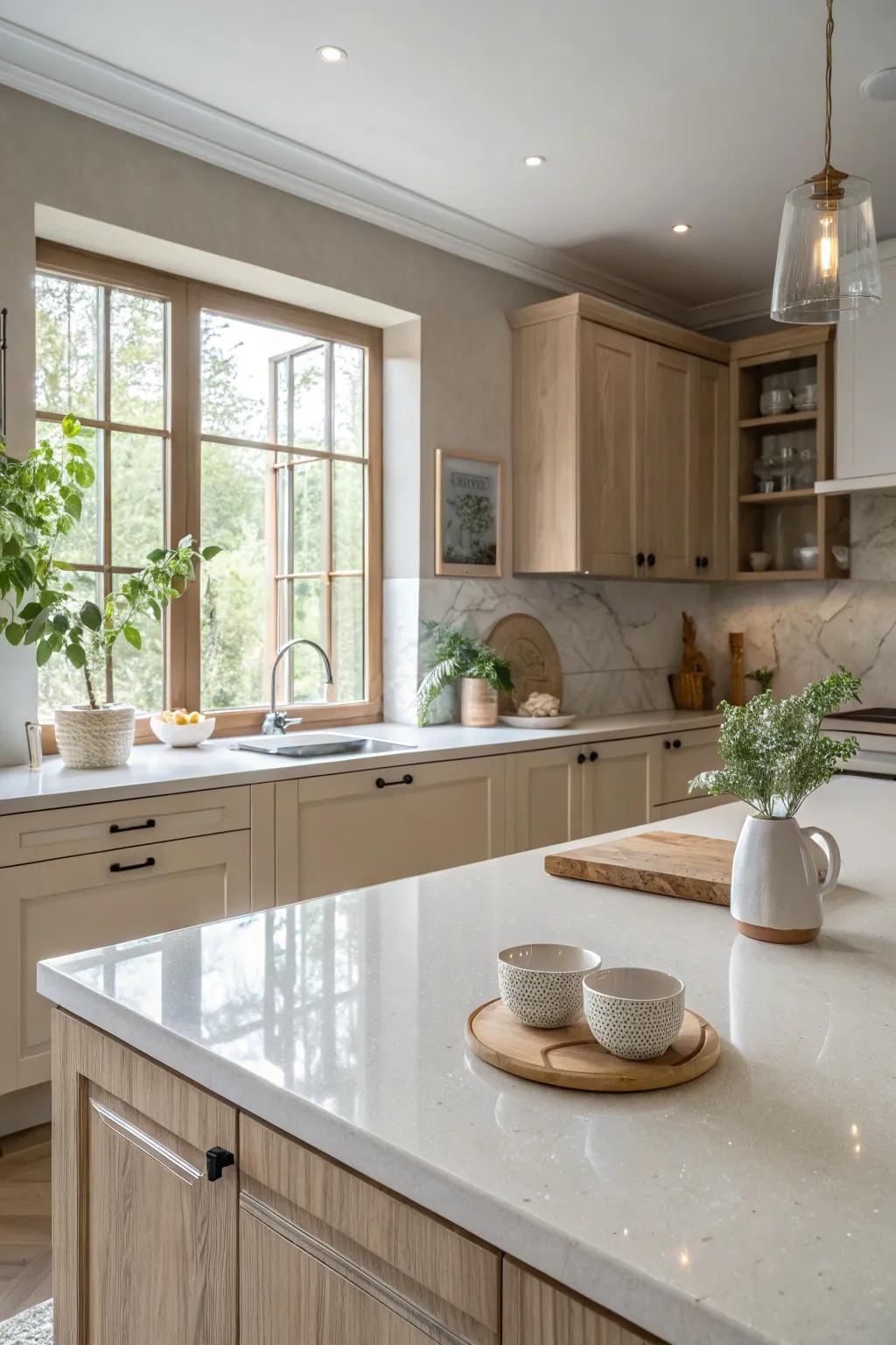 Glossy quartz countertops can brighten any kitchen space.