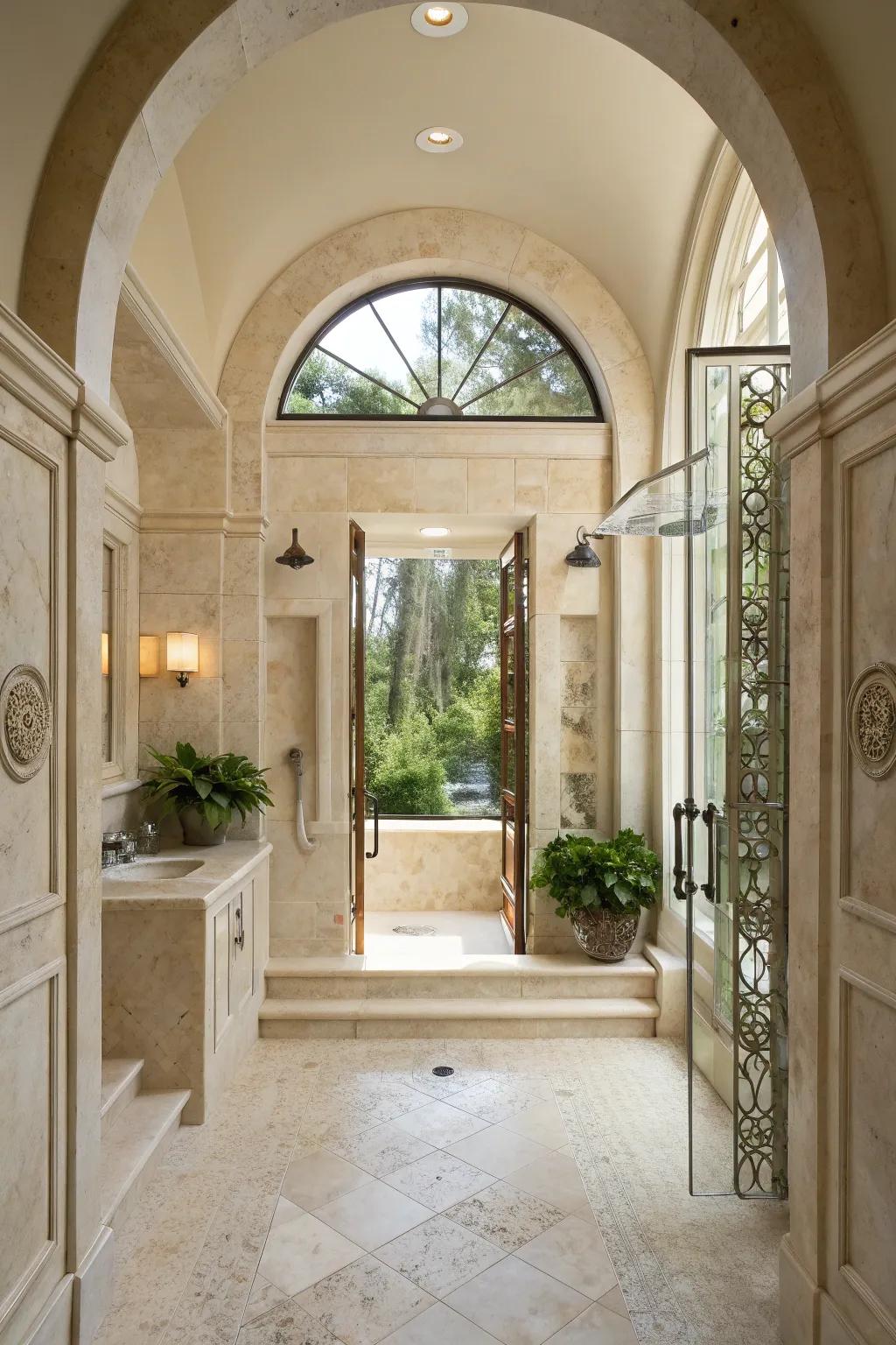 Bask in the glow of natural light with an open-layout Roman shower that feels both spacious and inviting.
