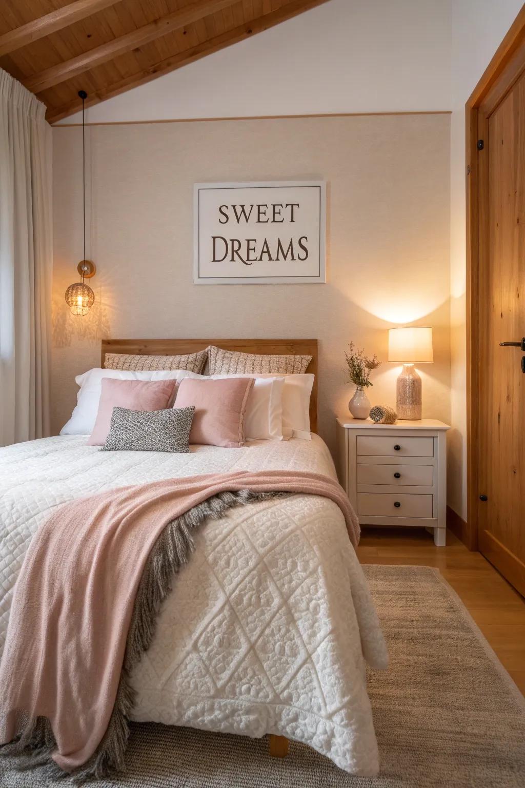 Create a peaceful retreat with charming bedside signs that invite relaxation.