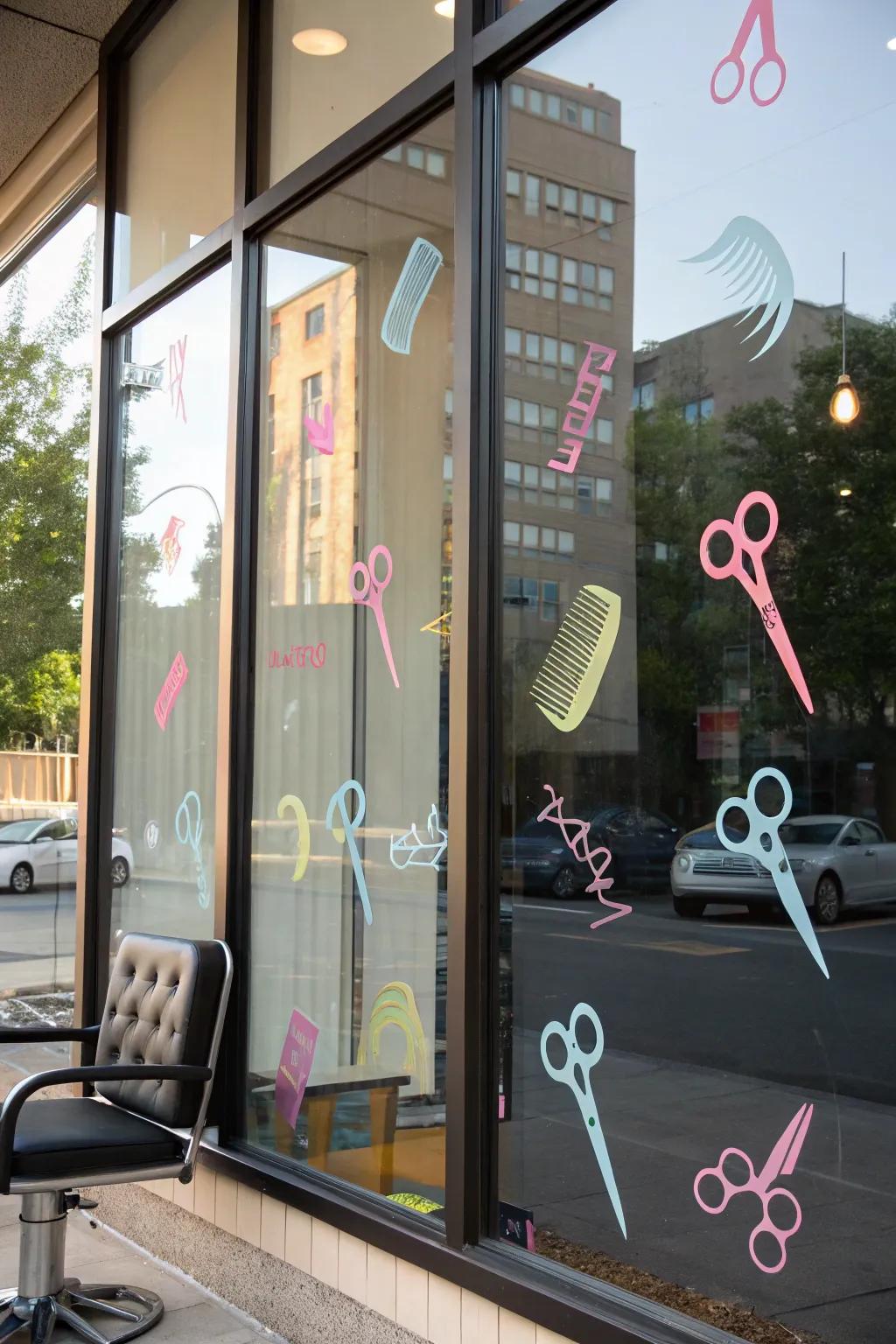 Vinyl decals add a touch of flair to your salon windows, making them a focal point.