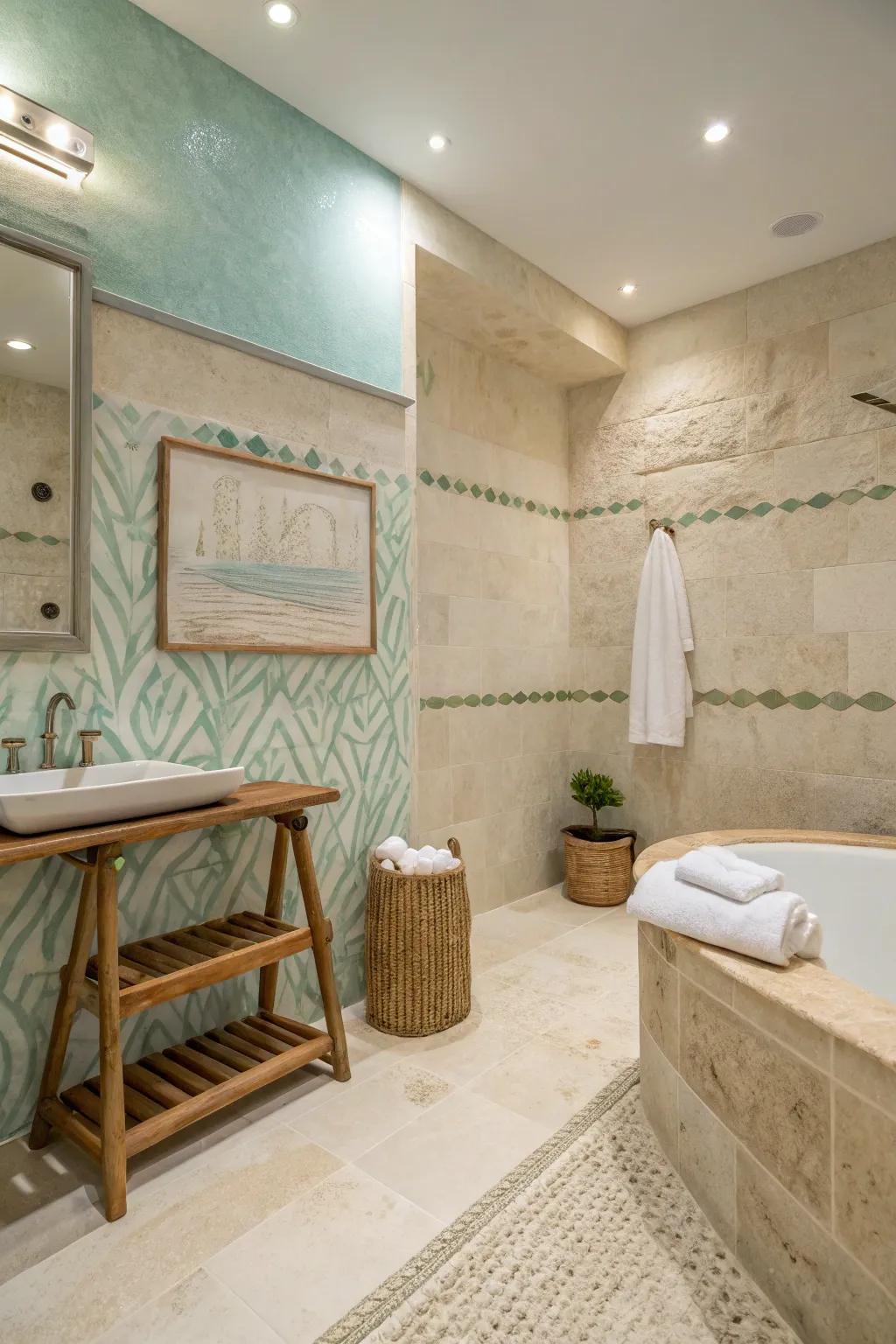 Bring the beach to your bathroom with soft sea salt walls that reflect light beautifully.