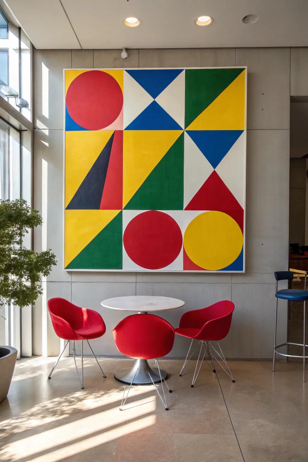Brighten up your space with a colorful geometric canvas, perfect for adding a modern touch to any room.