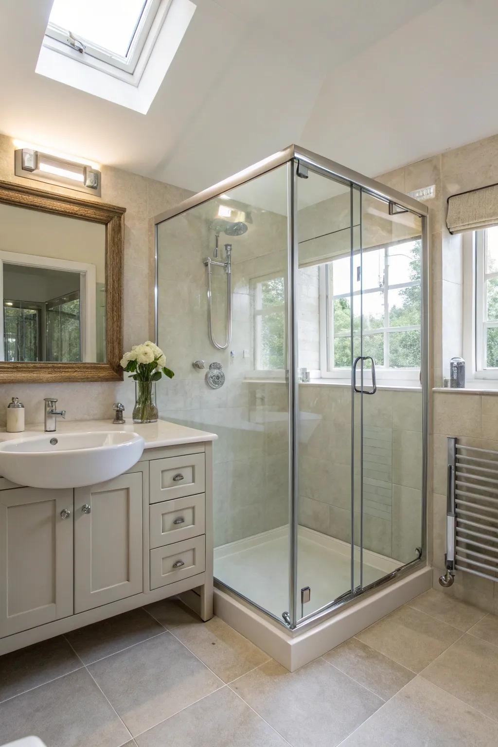 Clear glass enclosures make small bathrooms feel more spacious and connected.