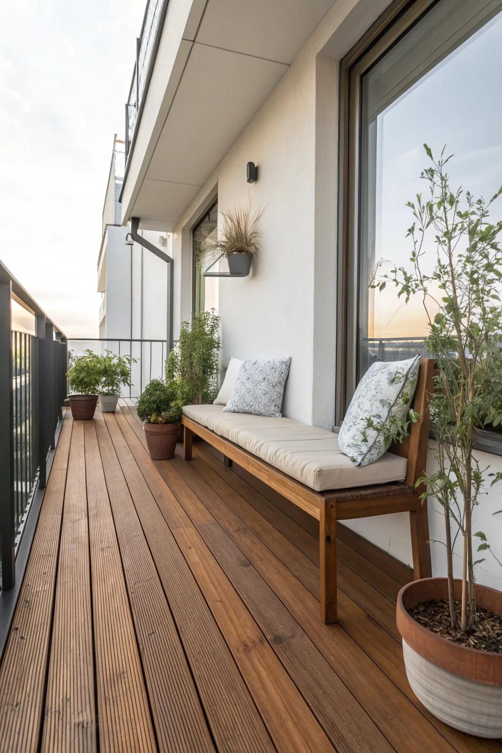 Wooden flooring brings a touch of nature to your elevated retreat. #BalconyDesign #HomeInspiration #NaturalElements