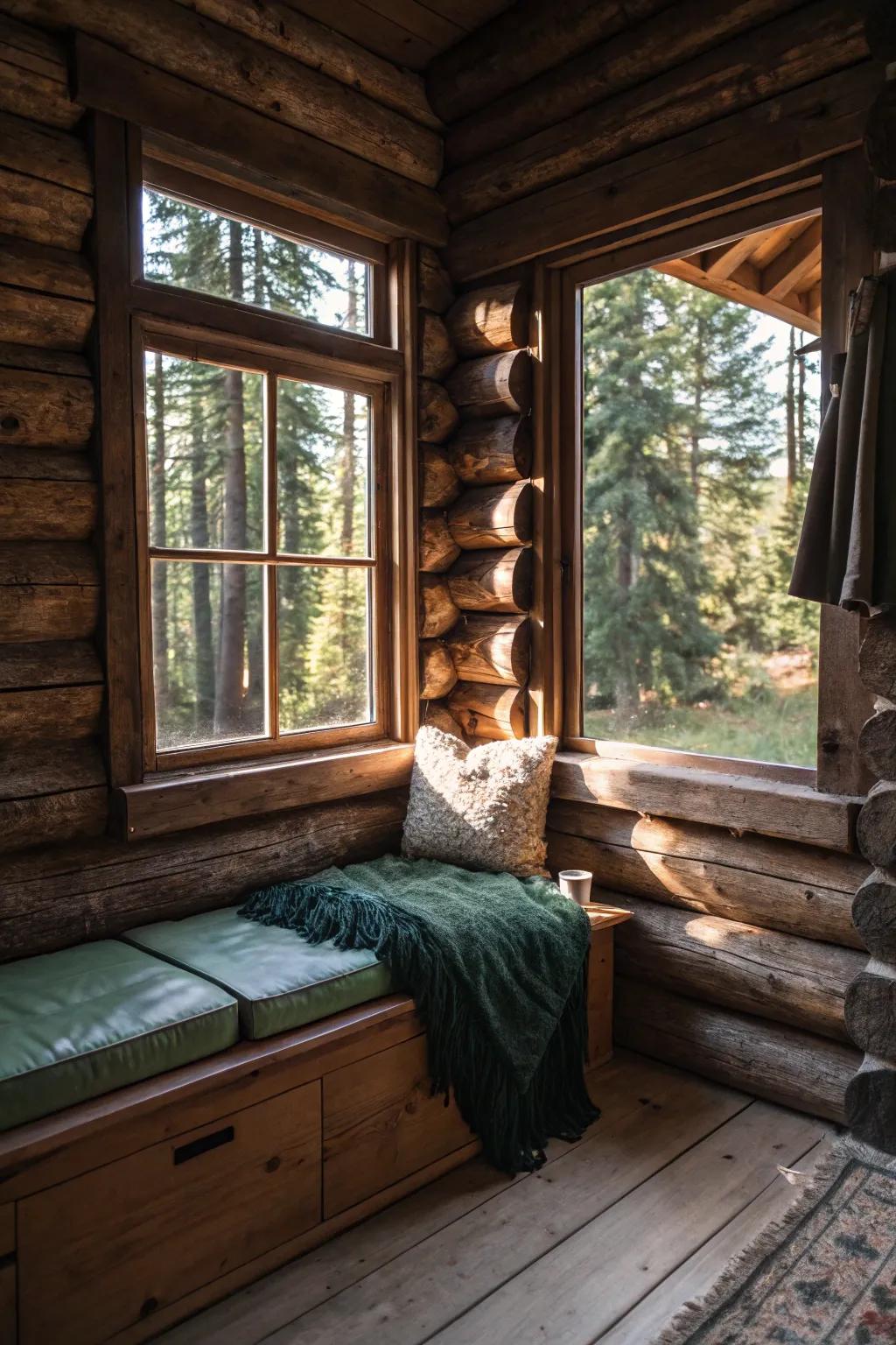 A rustic log cabin harmoniously nestled in the snowy mountainscape, offering a warm, timeless retreat.