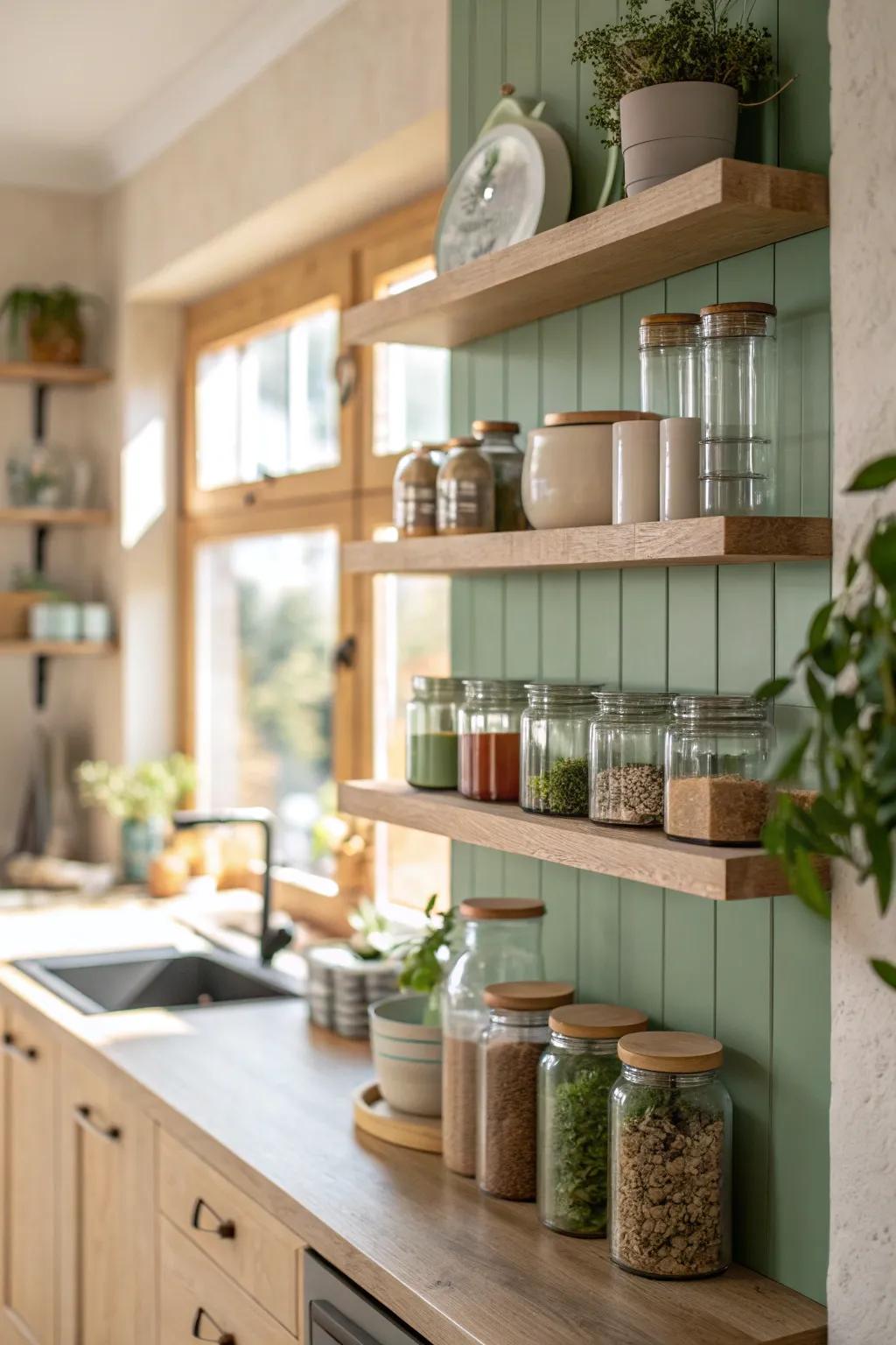 Elevate your kitchen's style with wall-mounted shelves that keep spices organized and accessible.
