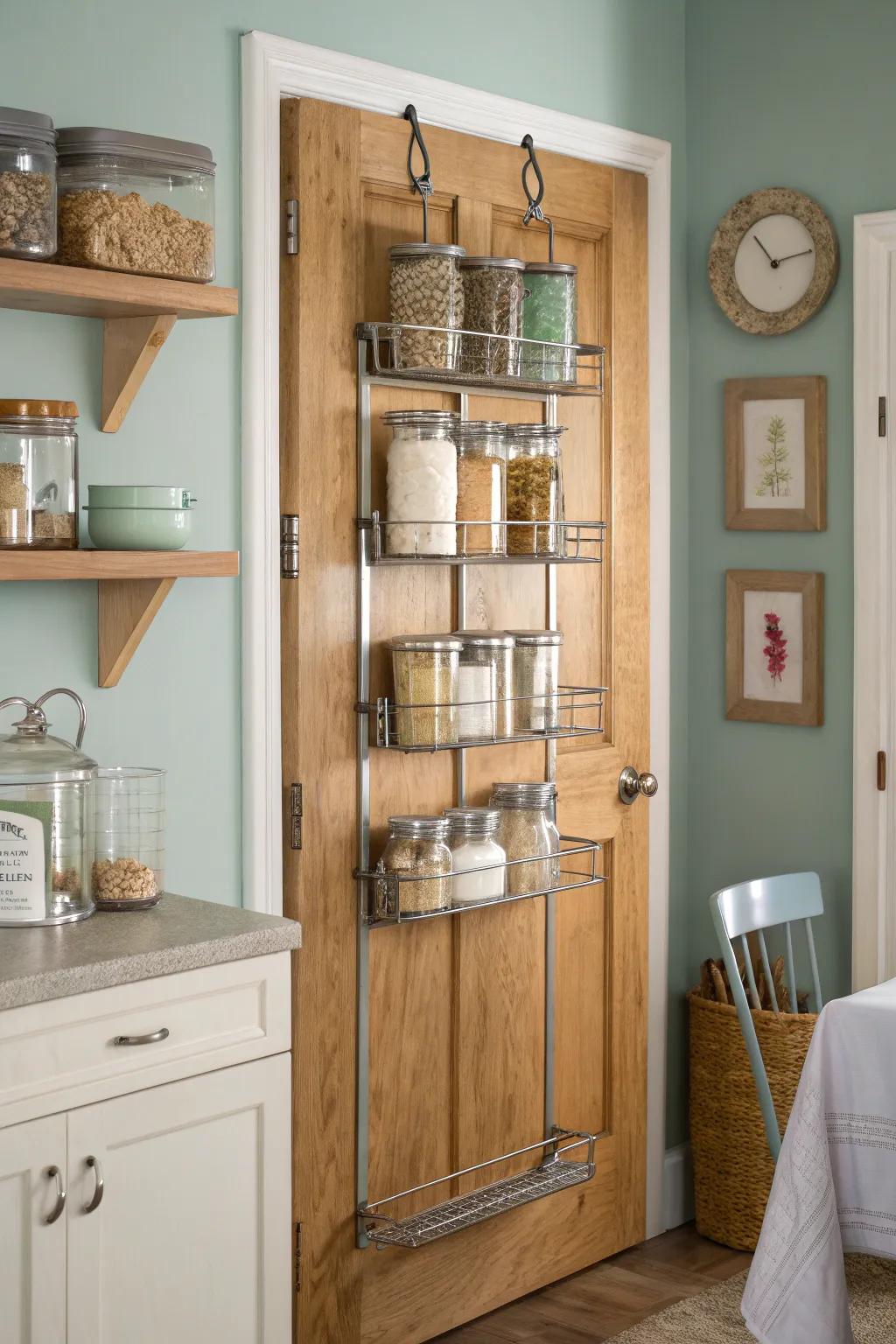 Maximize your kitchen space with over-the-door racks that hold all your essentials.