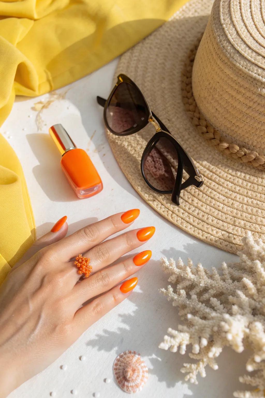 Bring the essence of sunshine to your nails with a bold <strong>tangerine splash</strong>.” loading=”lazy” class=”pimg”>
	</picture><figcaption>Bring the essence of sunshine to your nails with a bold <strong>tangerine splash</strong>.</figcaption></figure>
<p>Sometimes a bold <strong>tangerine hue</strong> is all you need to make a statement. I love how this vibrant shade instantly lifts my mood and complements any summer outfit.</p>
<h3>A few helpful options:</h3>
<ul class=