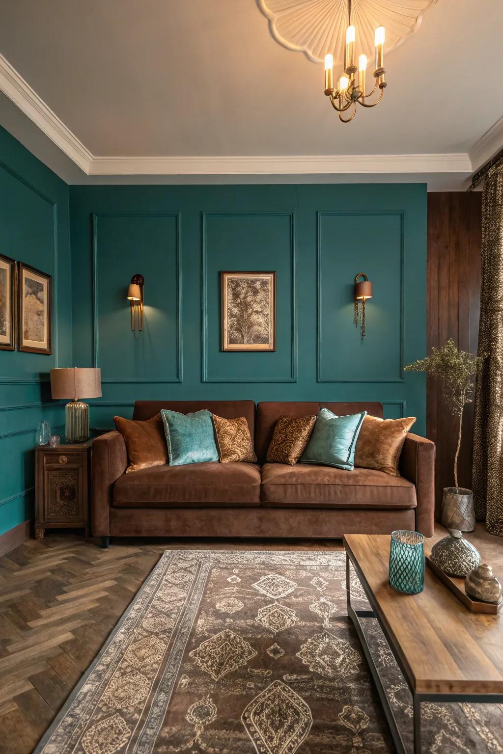 A perfect blend of teal and brown creates a serene and balanced space.