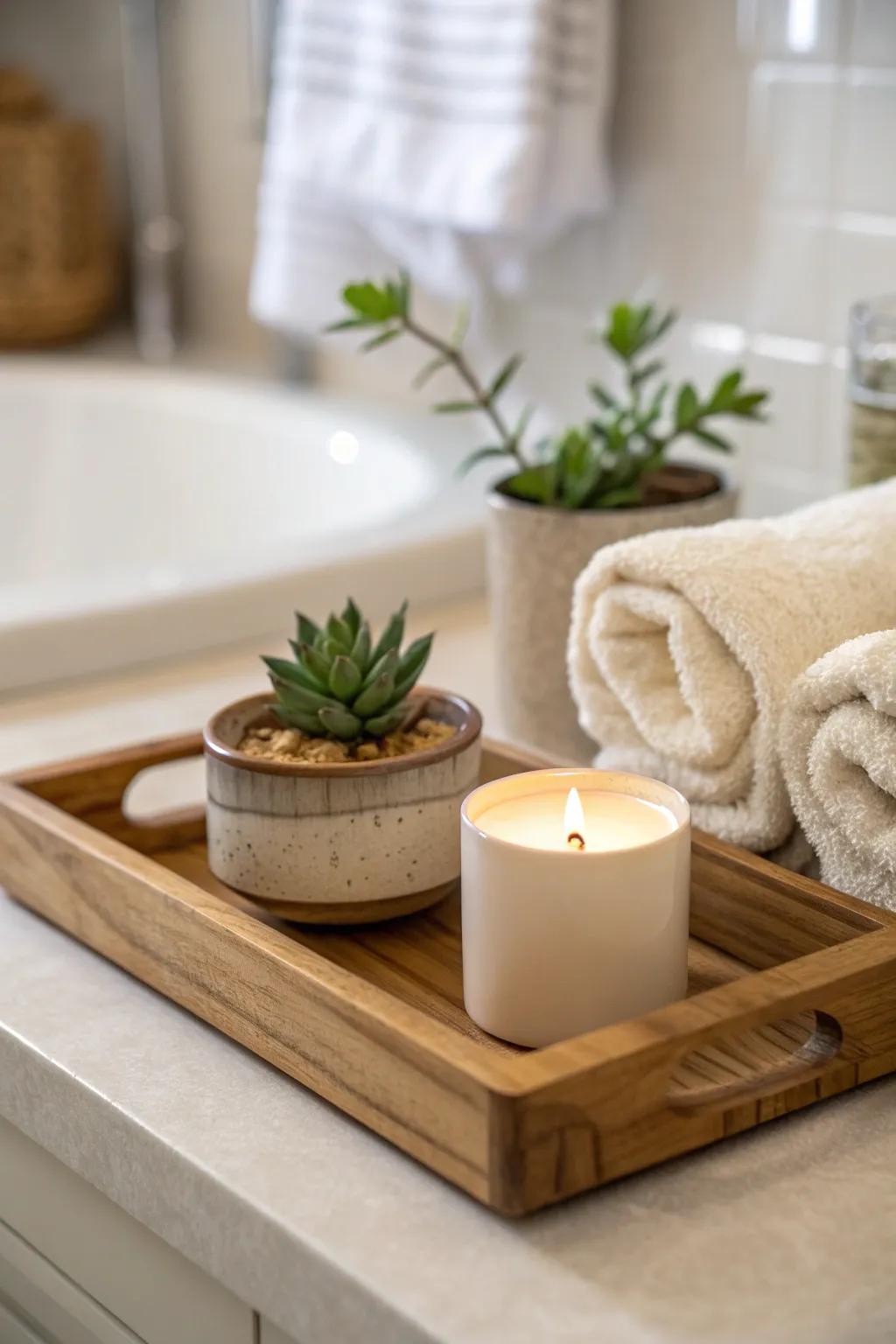 Create a spa-like oasis with a wooden tray adorned with greenery and soft candlelight.