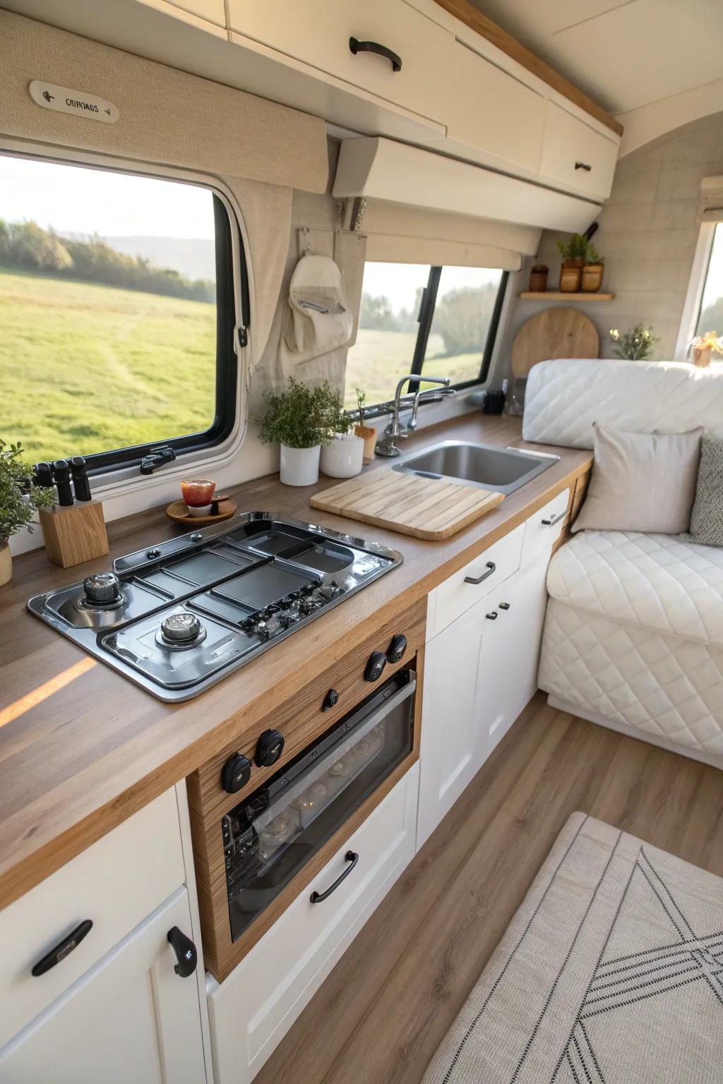Maximize your van kitchen's potential with a two-burner stove and clever counter extensions.