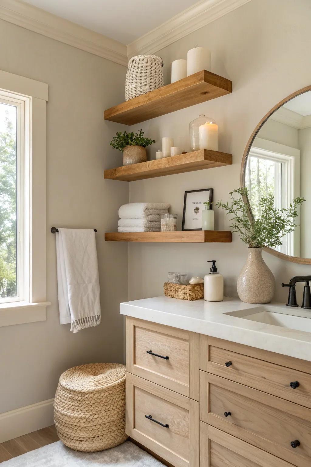 Embrace the minimalist charm of floating shelves for a clutter-free vanity space.