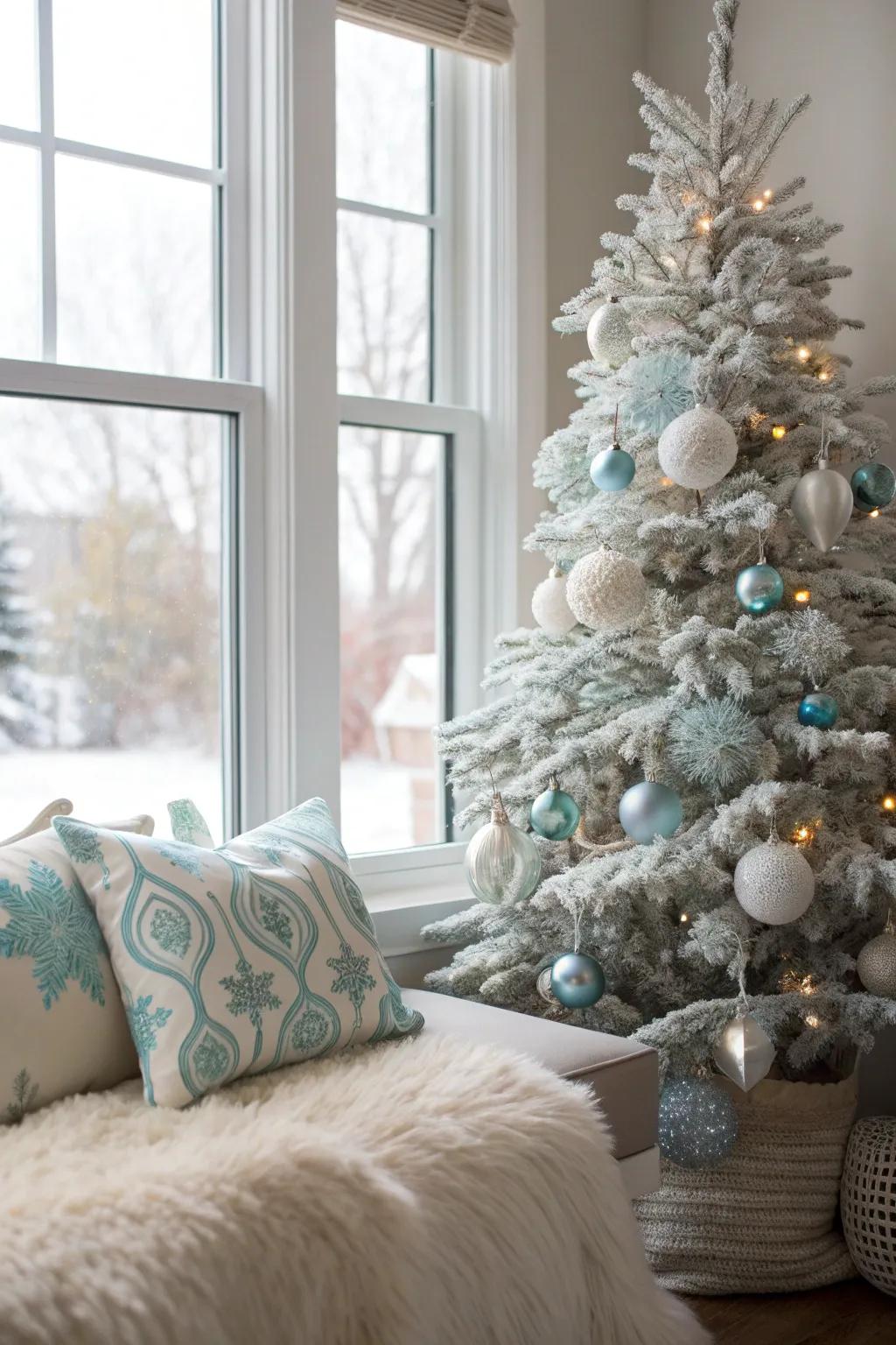 Experience the serene beauty of a snow-dusted tree that brings the charm of winter indoors.