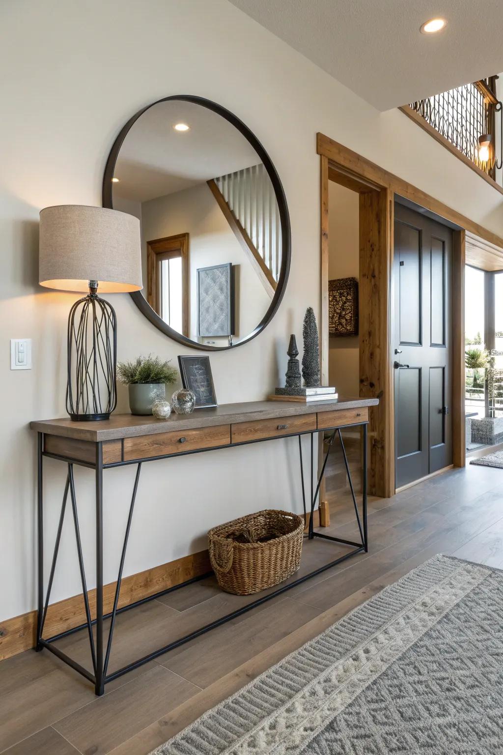 Introduce industrial elements for a chic and contemporary entryway.