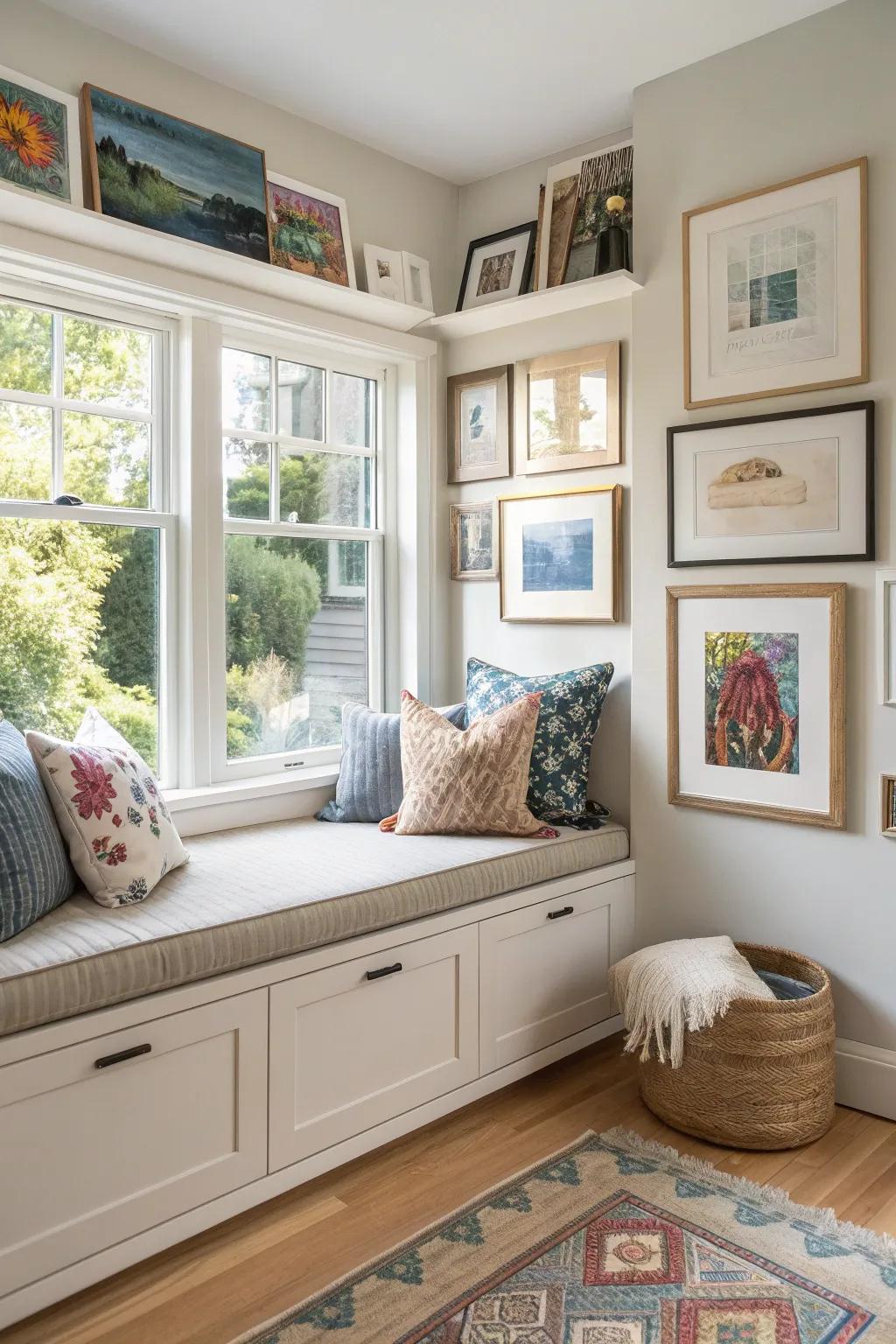 Express your personality with a window seat that doubles as an art gallery.