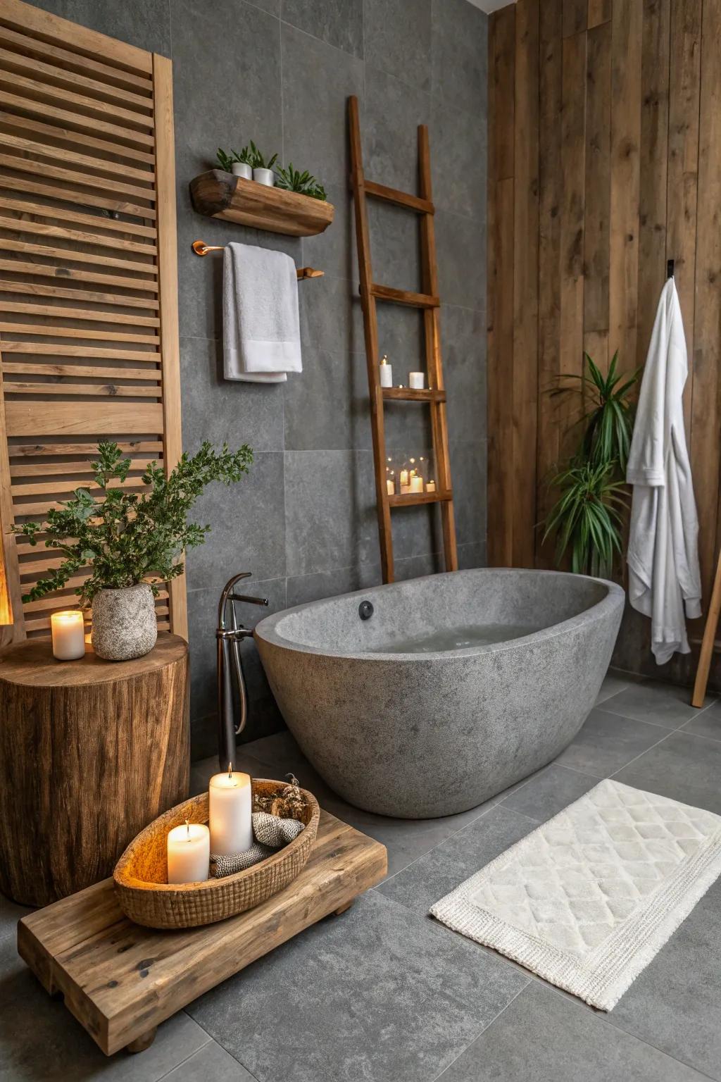 Celebrate natural beauty with stone and wood elements in your bathroom.